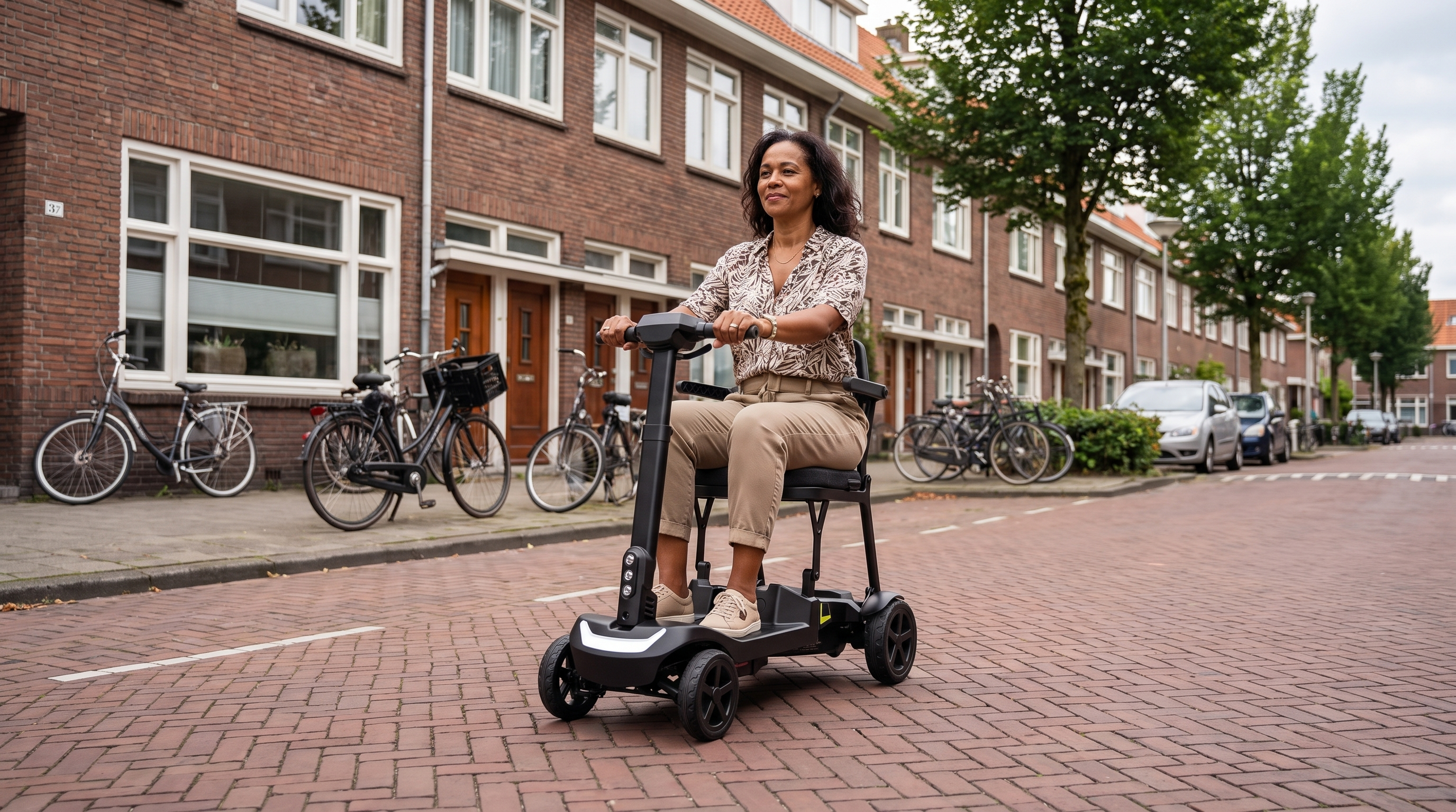 Vrouw rijdt op een kleine scootmobiel door een Nederlandse woonstraat met klinkers