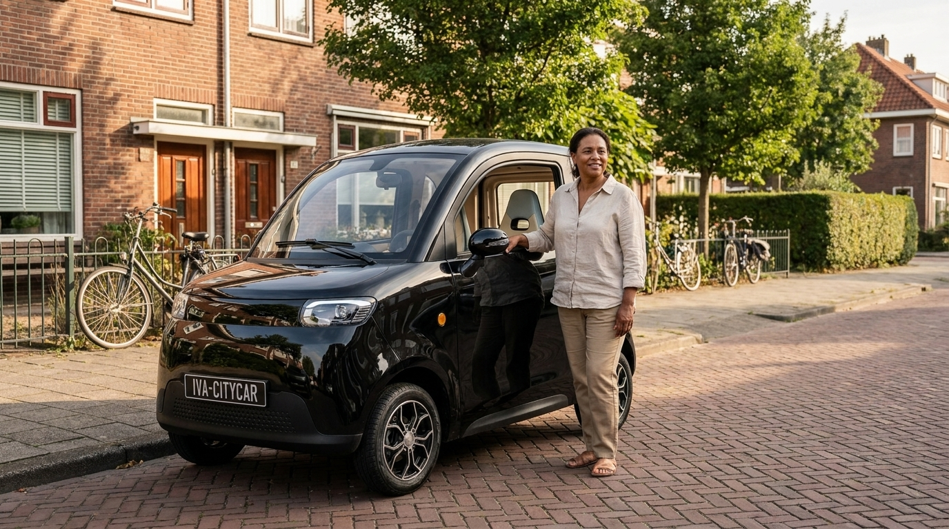 Tweedehands brommobiel kopen: vrouw bij een zwarte IVA CityCar A05 in een Nederlandse woonstraat