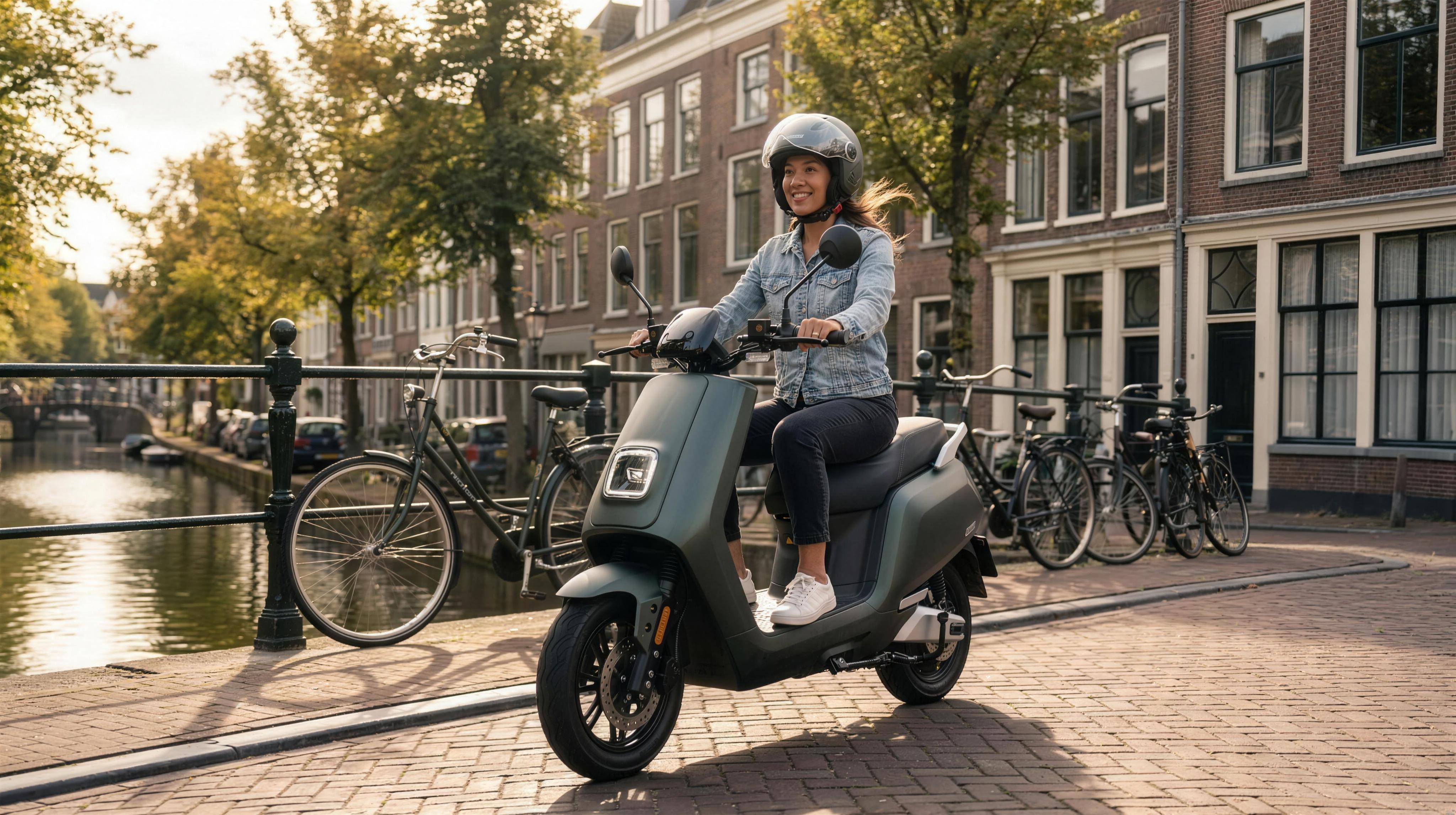 Vrouw rijdt op een matgroene elektrische Vespa-achtige retroscooter langs een Utrechtse gracht