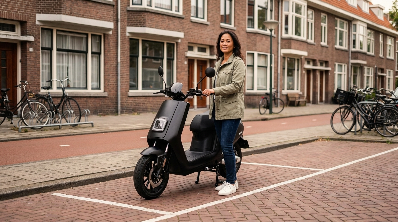 Vrouw parkeert haar matzwarte elektrische IVA-scooter in een parkeervak op een Nederlandse stadsstraat