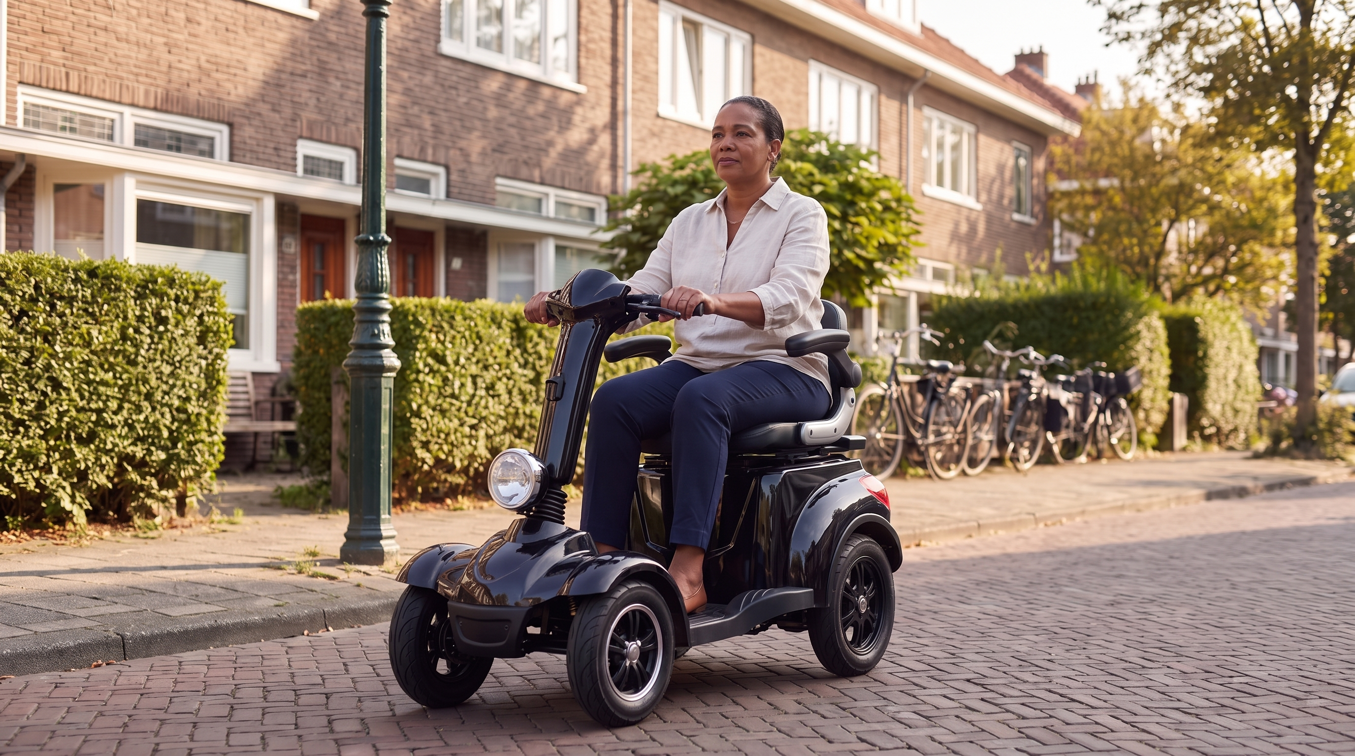 Vrouw rijdt op een zwarte vierwiel IVA scootmobiel door een Nederlandse woonwijk - scootmobiel leasen 2026