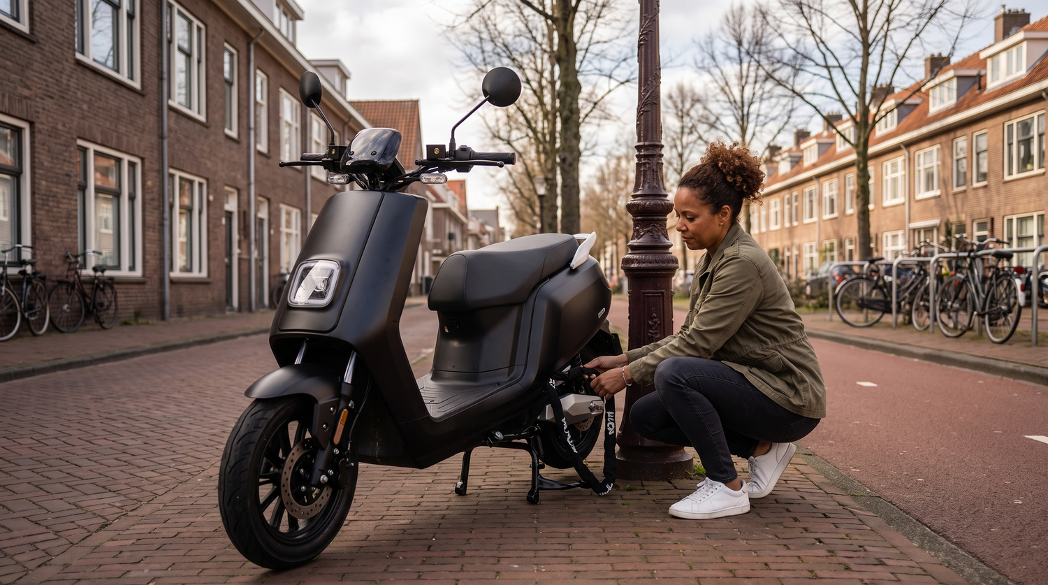 Scooter beveiligen tegen diefstal: vrouw zet elektrische scooter met kettingslot vast aan een lantaarnpaal in Rotterdam