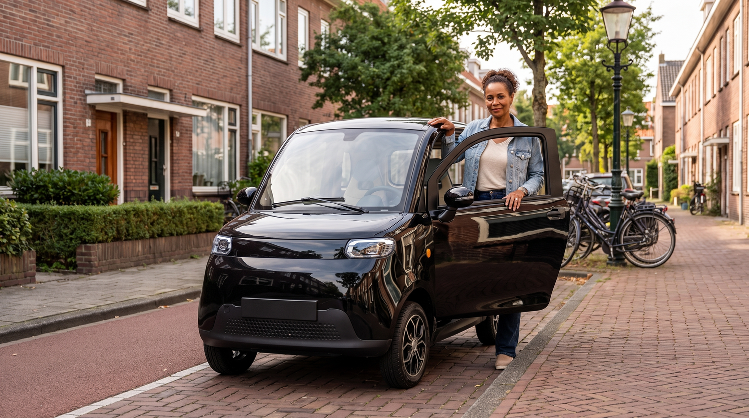 Brommobiel merken 2026 - vrouw stapt in een zwarte elektrische brommobiel in een Nederlandse woonstraat