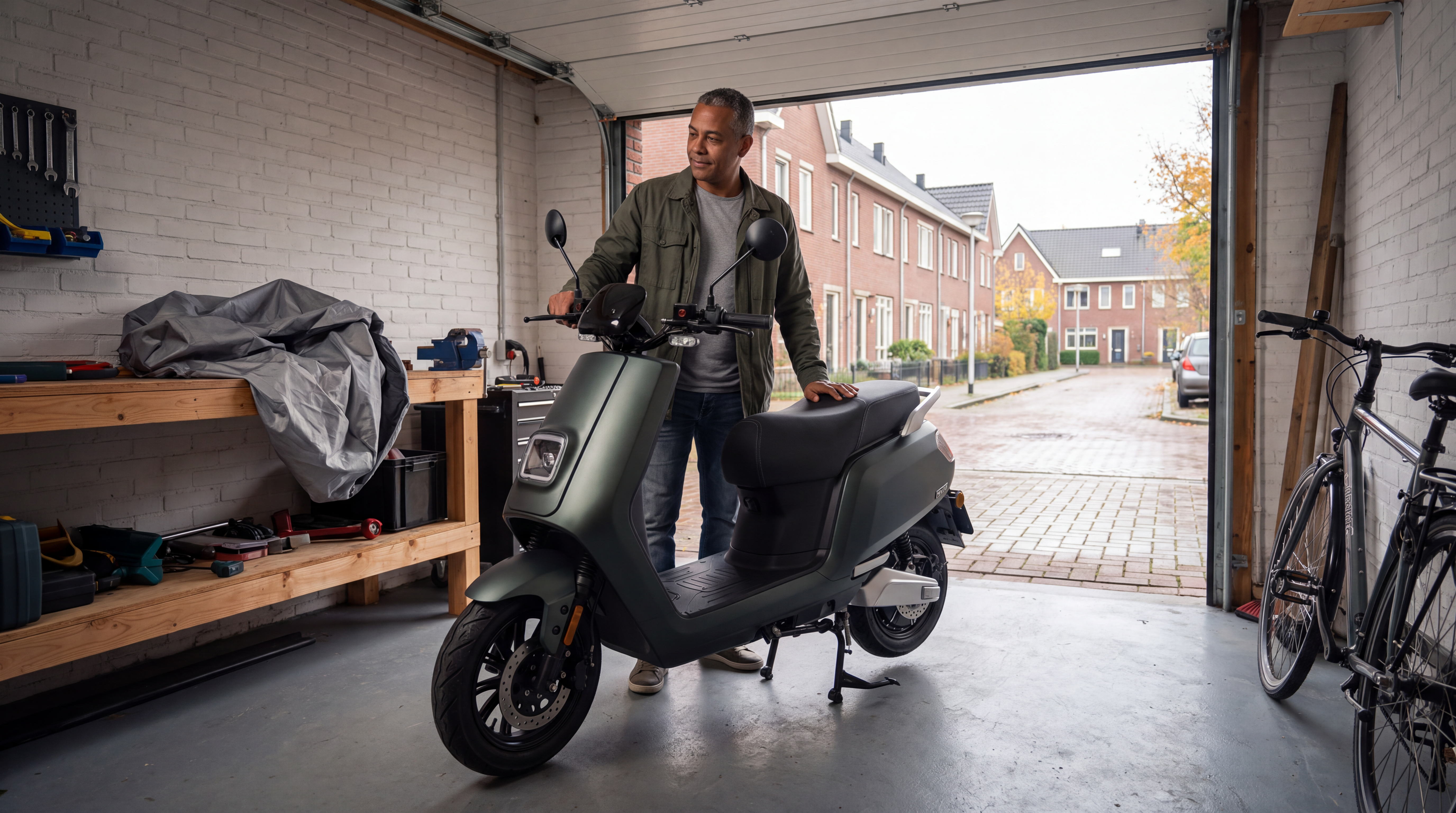 Scooter schorsen 2026 - man zet matgroene elektrische IVA E-GO S5 snorscooter in een Nederlandse garage