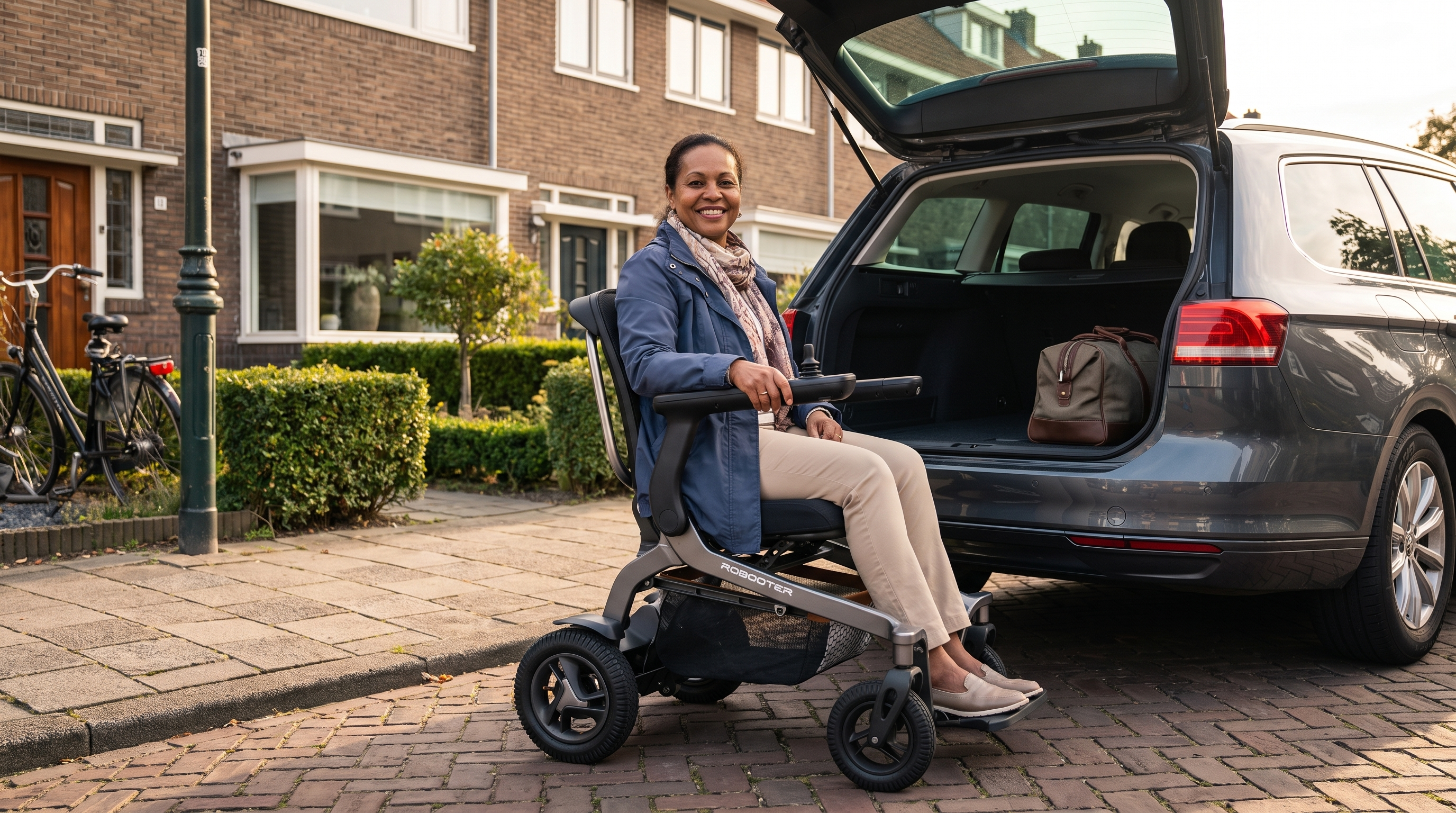 Vrouw in een grijze Robooter E40 elektrische rolstoel naast de open kofferbak van een auto in een Nederlandse straat