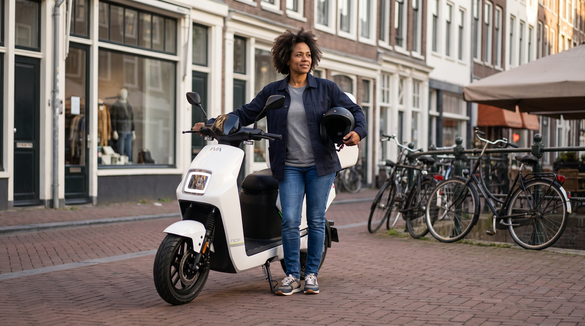 Scooter van de zaak: onderneemster met witte IVA NCF elektrische scooter in een Nederlandse binnenstad