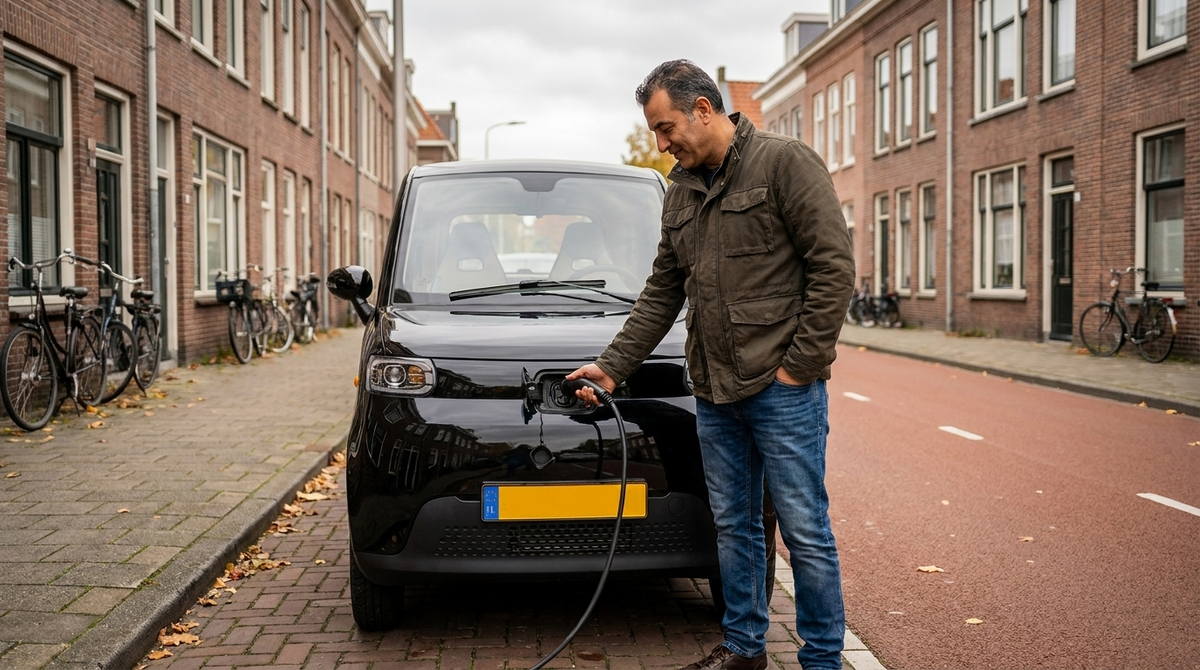 Brommobiel onderhoud: IVA Citycar A05 opladen aan de straat in Rotterdam