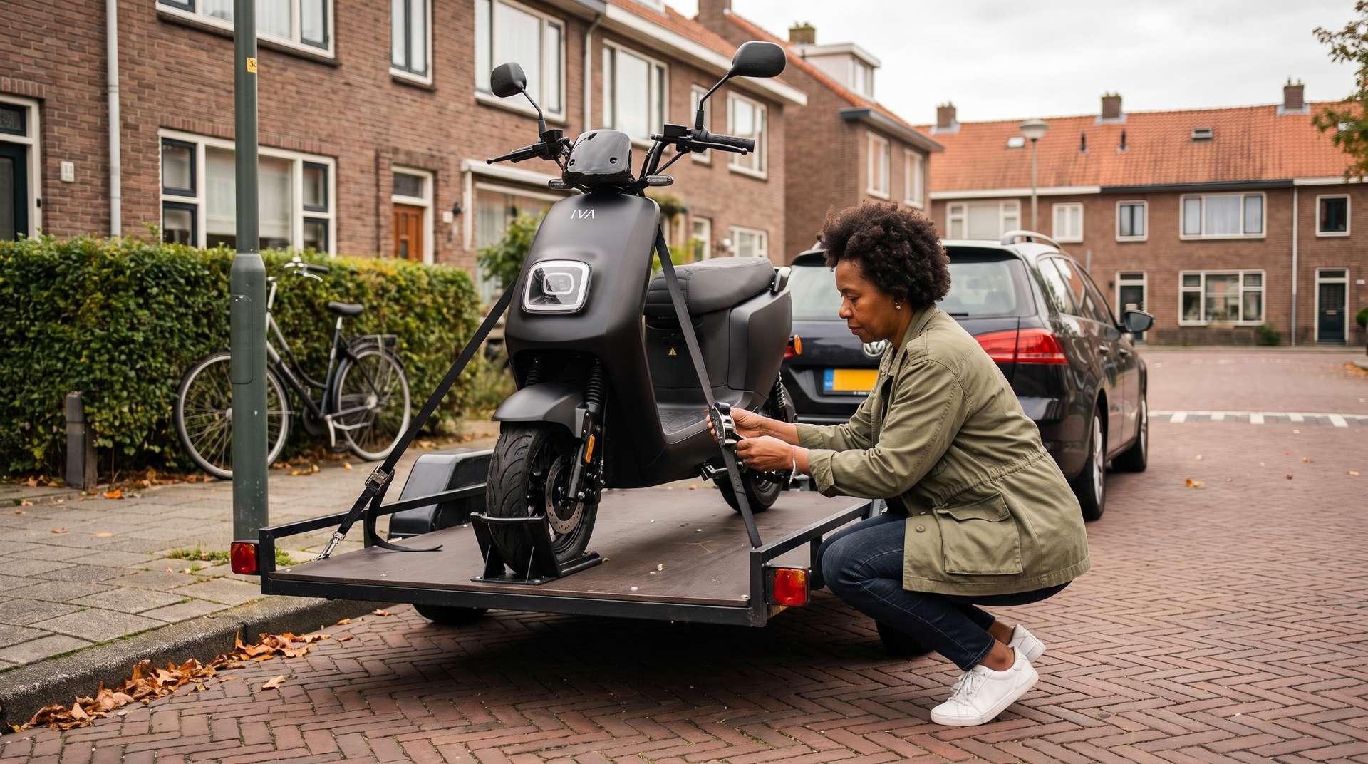 Vrouw zet een matzwarte IVA elektrische scooter vast op een aanhanger in een Nederlandse straat - scooter vervoeren