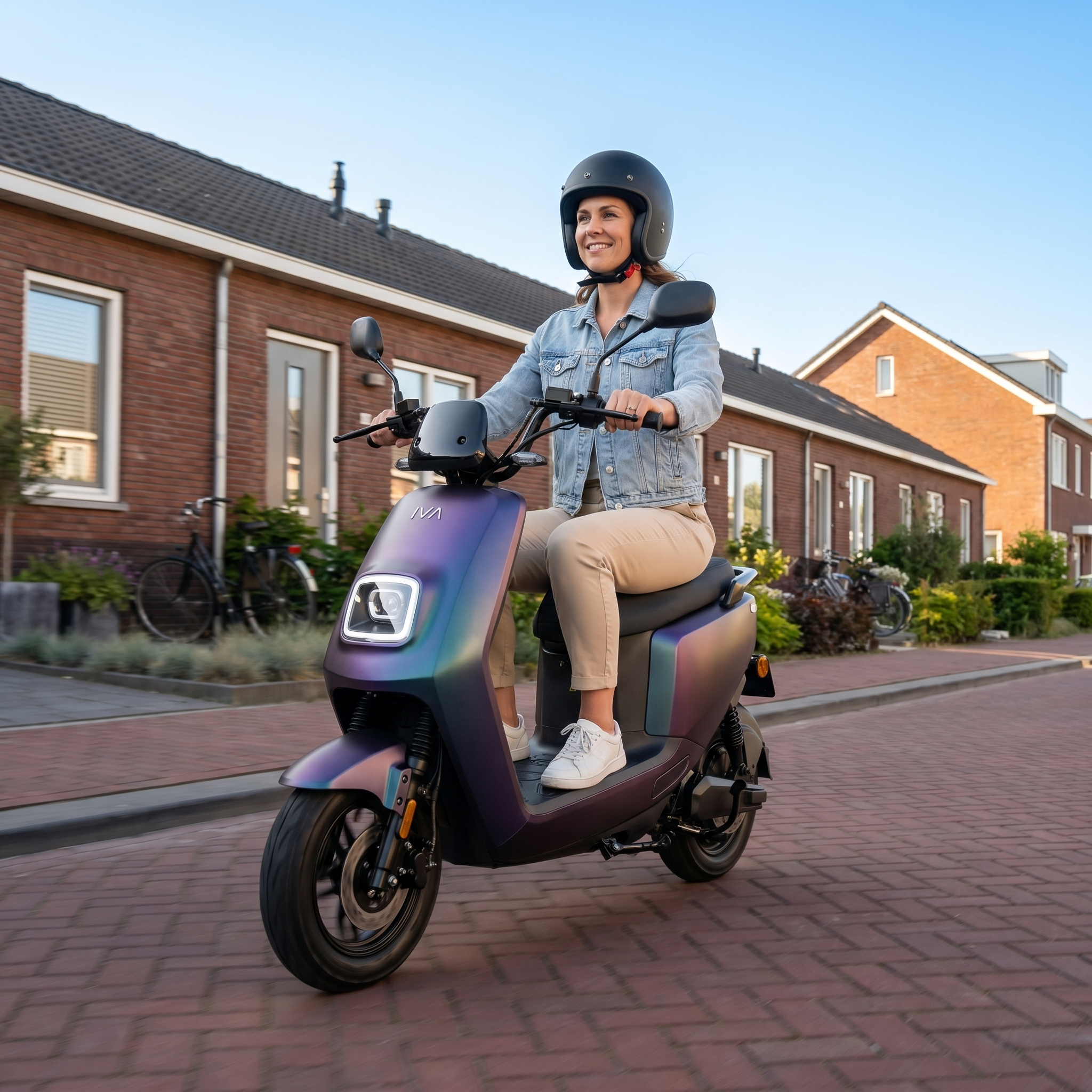 IVA E-GO S4 2.0 Kameleon elektrische scooter met zwart en groene accenten, zichtbaar met handrem en wielen.