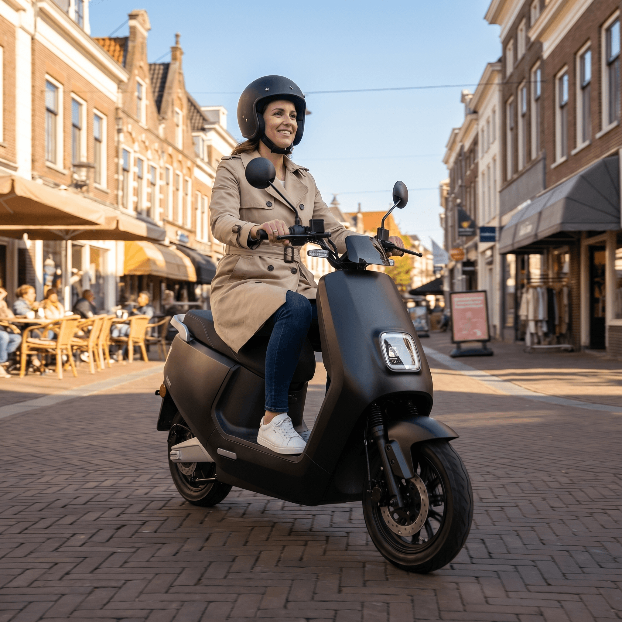 IVA E-GO S8 elektrische scooter in matzwart, compacte en stijlvolle e-scooter voor stadsgebruik, met handvat en wielen zichtbaar
