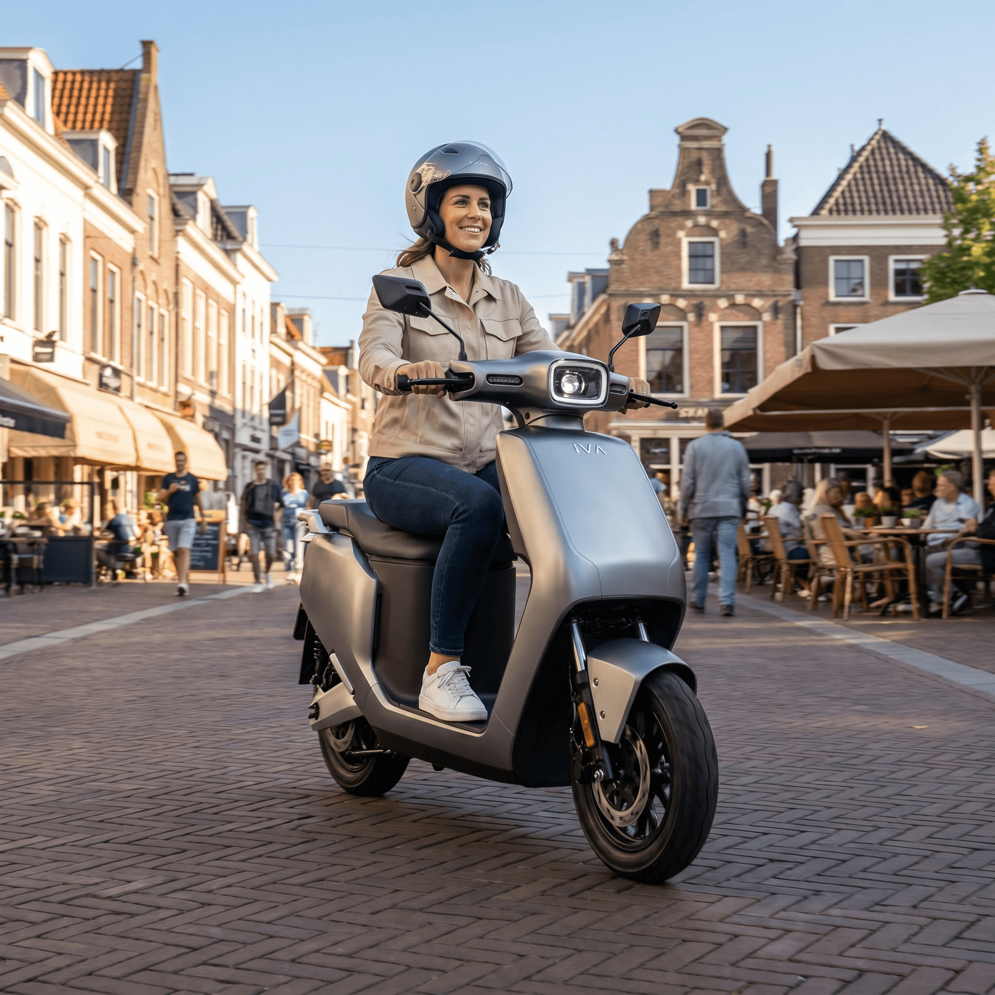 IVA NCS Matgrijze e-scooter van IVA met matte afwerking en moderne uitstraling, zichtbaar in de afbeelding.