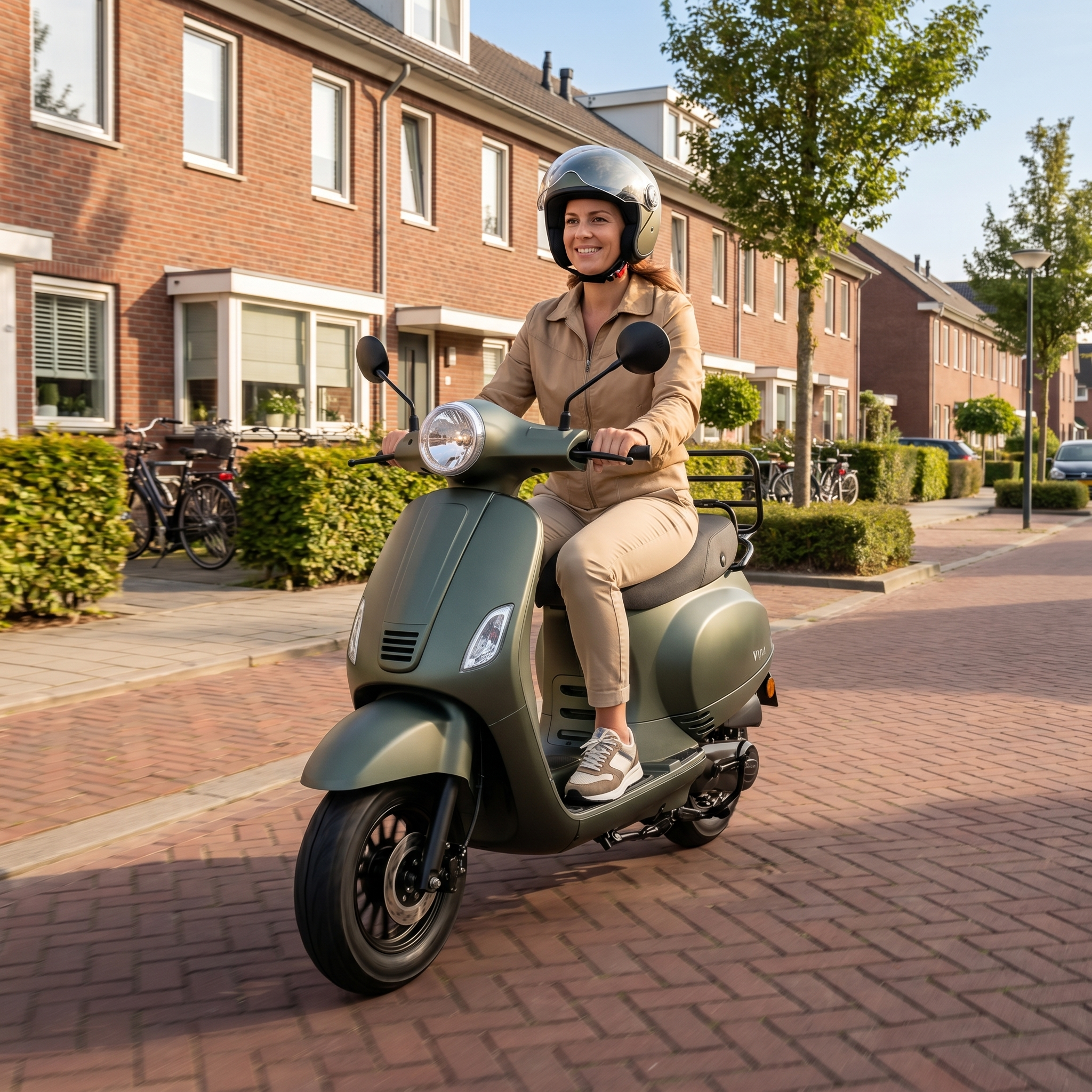 IVA Lux Electric 2.0 e-scooter in matgroen, met handvatten, display en wielen zichtbaar op de afbeelding