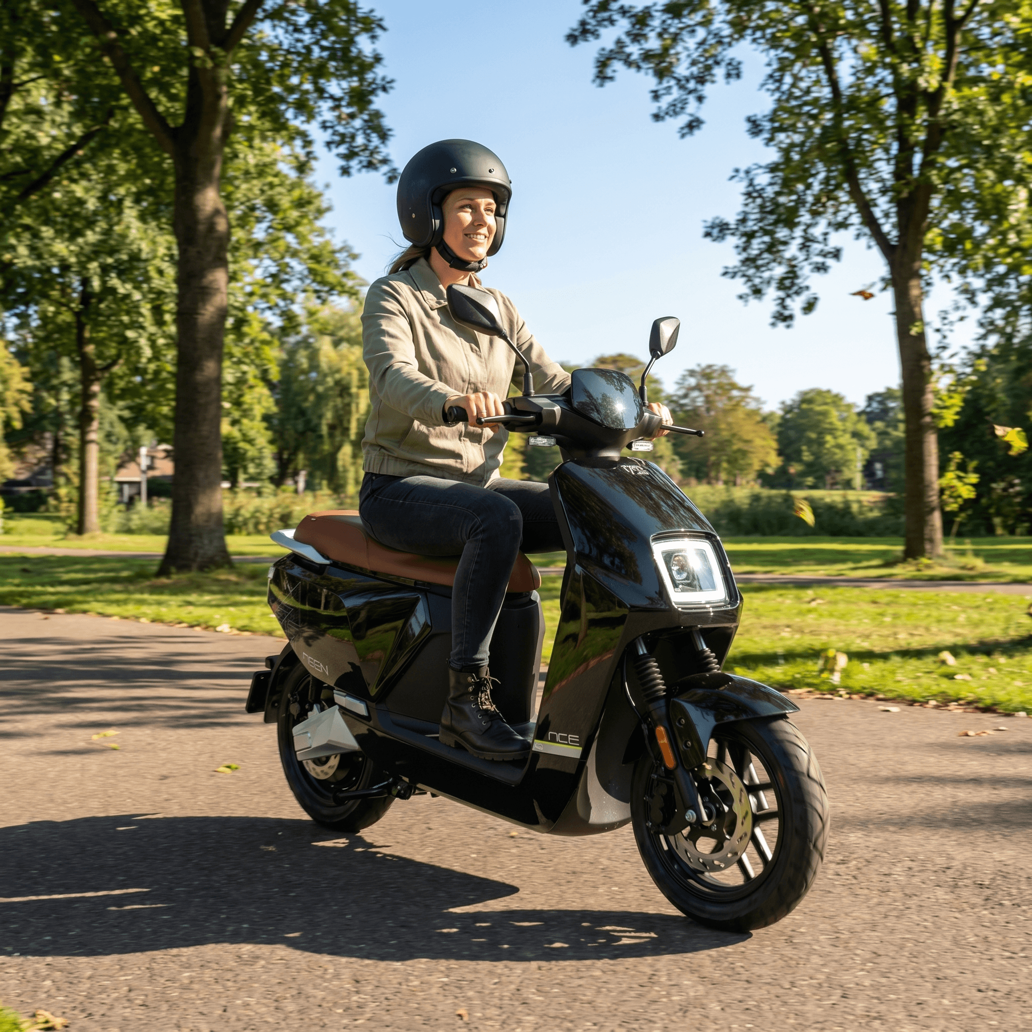 Zwarte IVA NCF e-scooter met compacte ontwerp en display, zichtbaar op de afbeelding.