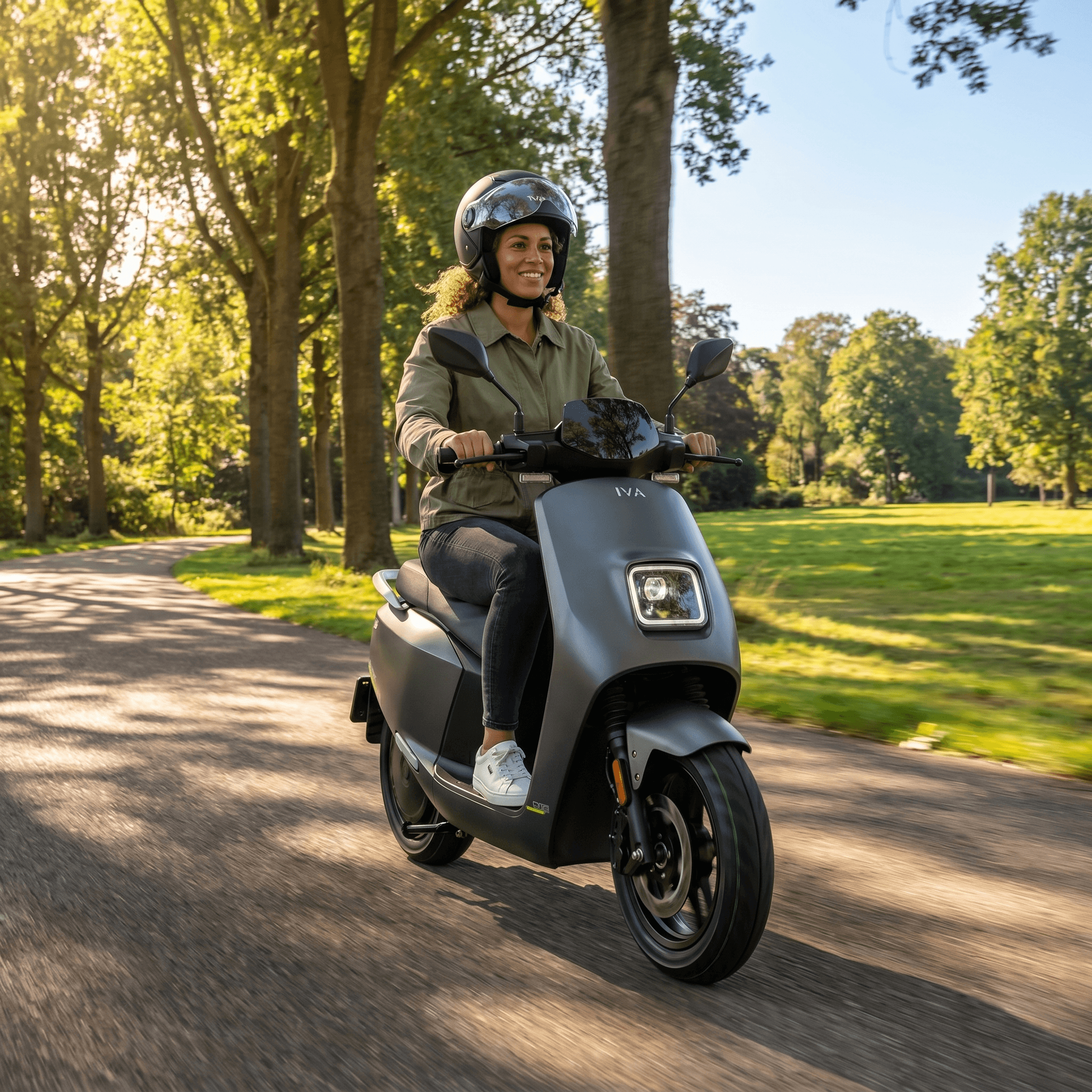 IVA NCE Matgroen e-scooter van IVA met matgroene afwerking en moderne uitstraling, zichtbaar op de afbeelding.