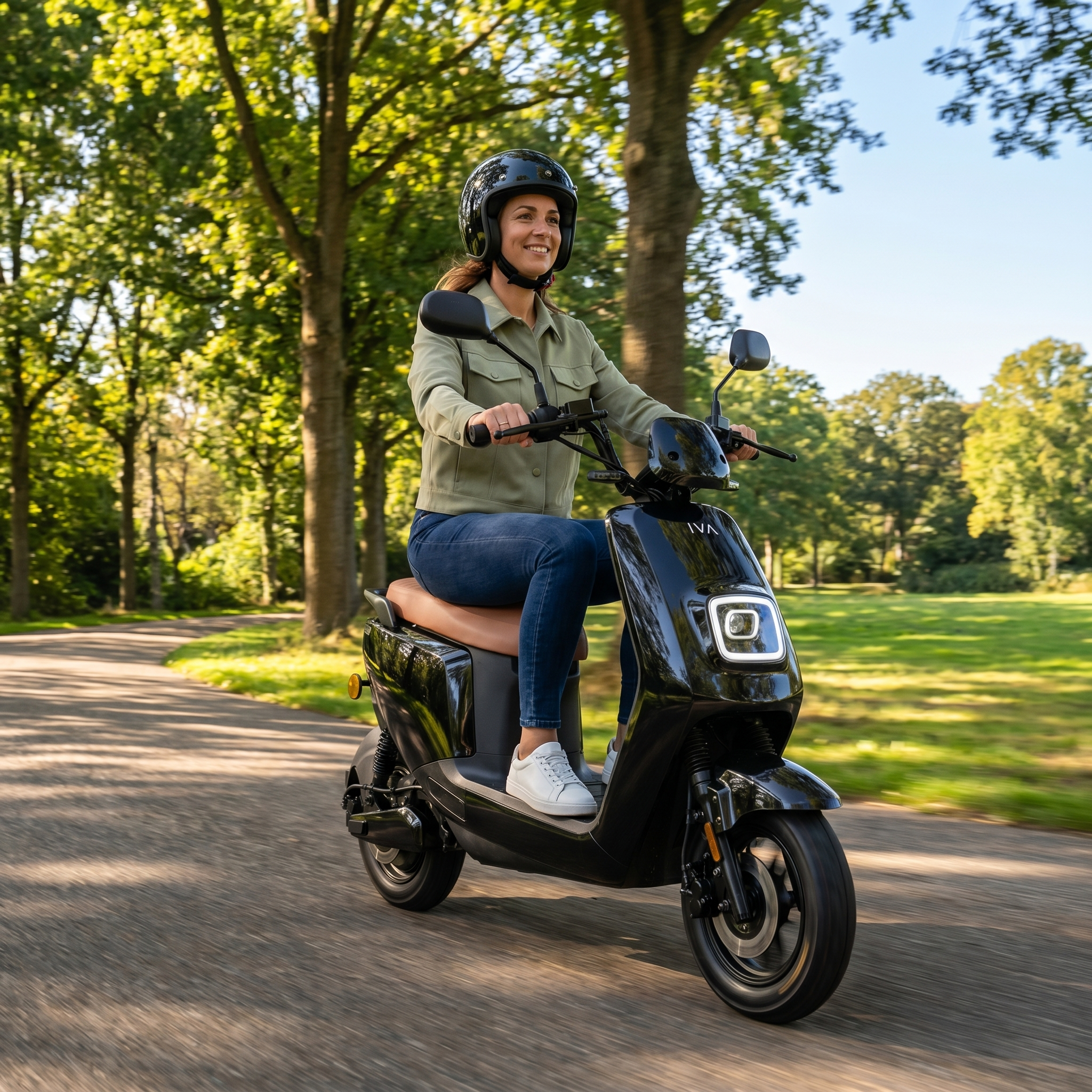 Zwarte IVA E-GO S4 2.0 e-scooter op straat met handrem en display, klaar voor gebruik