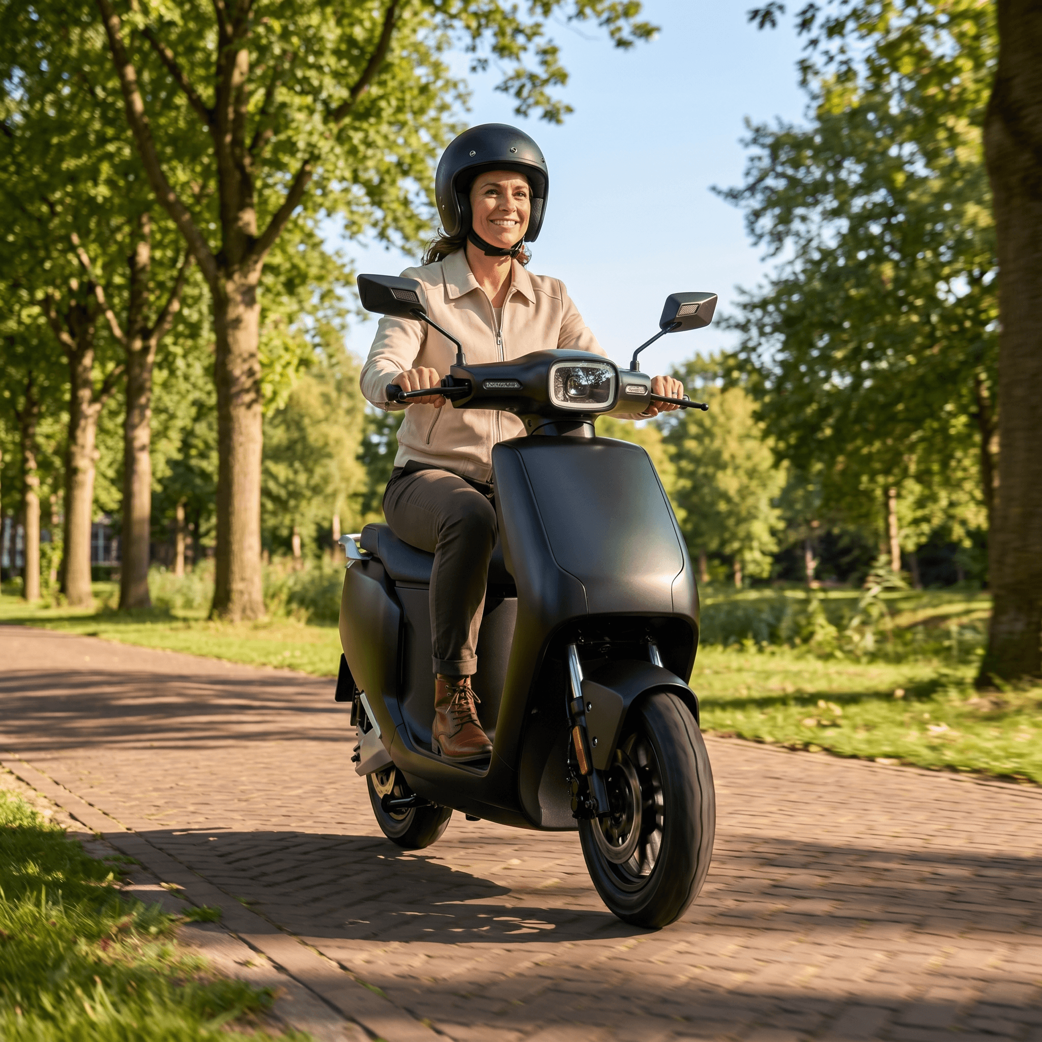 IVA NCS Matzwart elektrische scooter met zwart frame en compacte wielen, geschikt voor stadsritten en dagelijks gebruik.