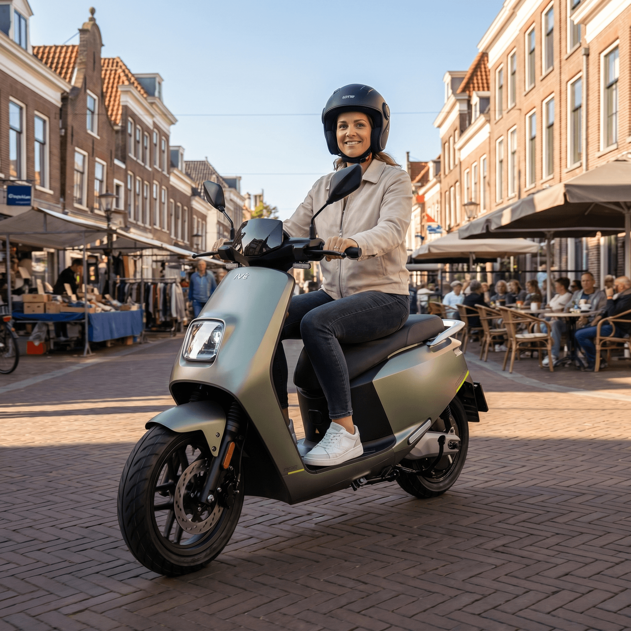 Groene IVA NCE Pro elektrische scooter met handvatten en display, klaar voor gebruik, geschikt voor stadsvervoer.