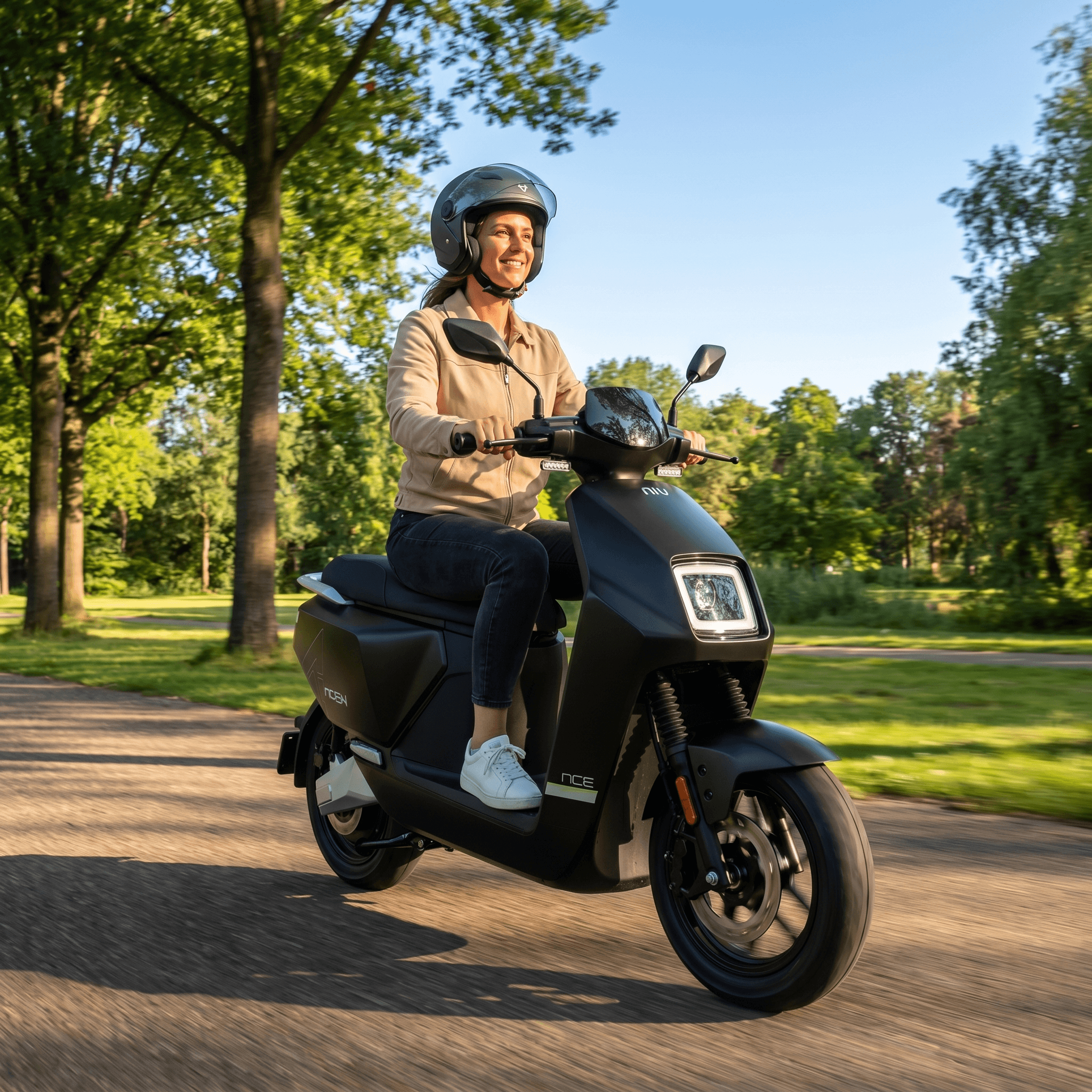 IVA NCF E-scooter in matzwart met gestroomlijnd ontwerp en moderne uitstraling, zichtbaar met handvatten en wielen.
