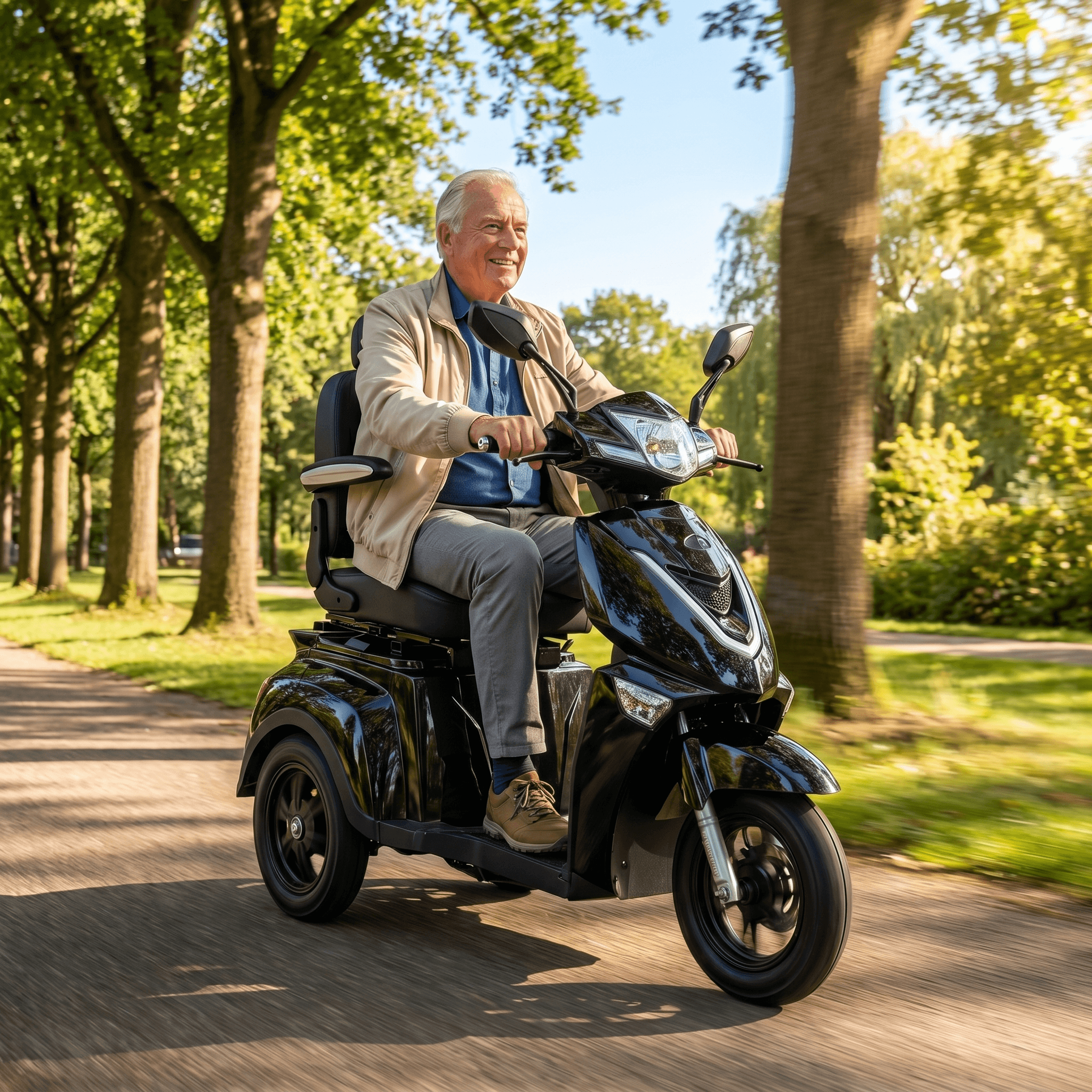 IVA Z1000 scootmobiel in zwart, inclusief stuur en zitplaats, ontworpen voor comfortabel rijden en mobiliteit.