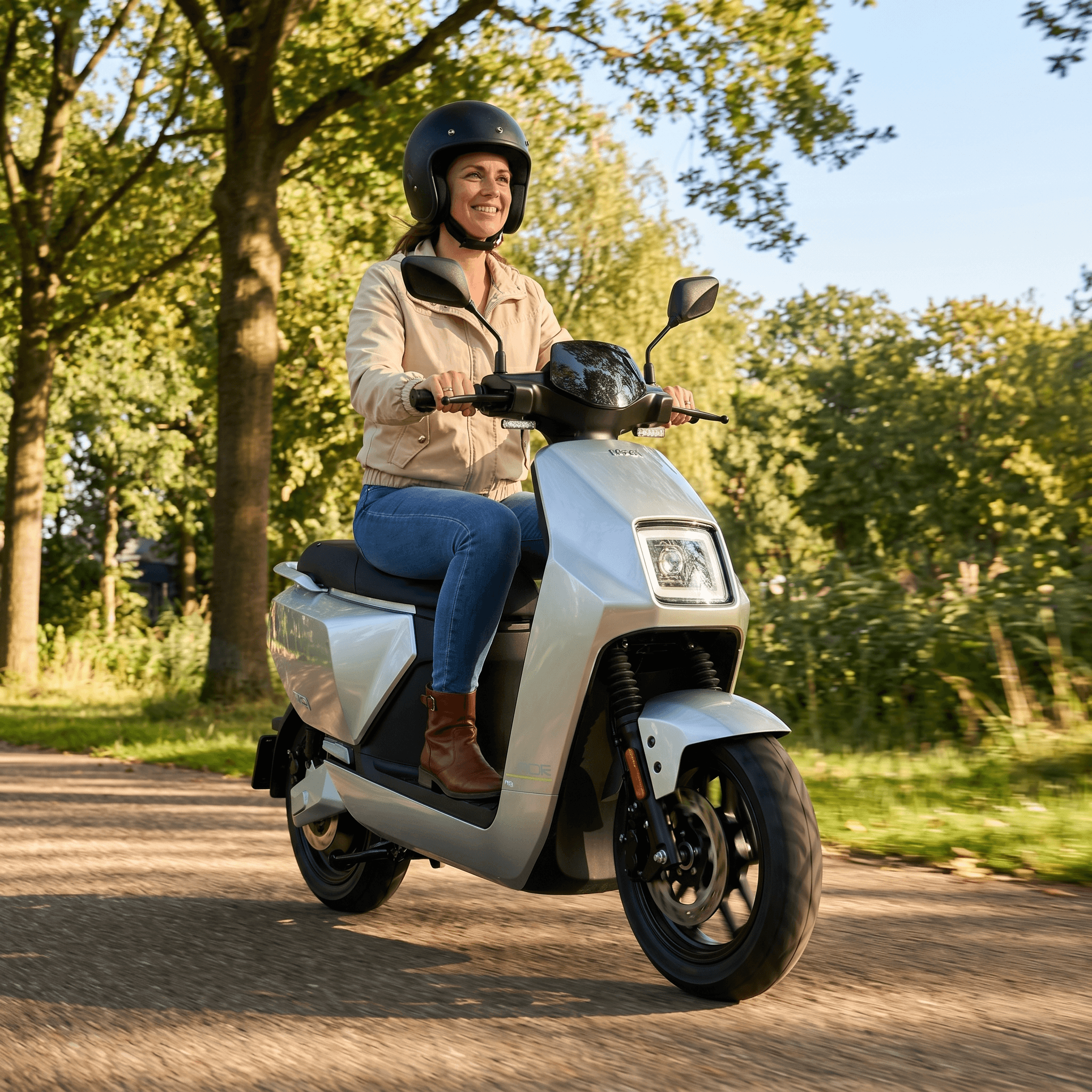 IVA NCF zilveren e-scooter met compacte ontwerp en handvat, klaar voor gebruik op straat