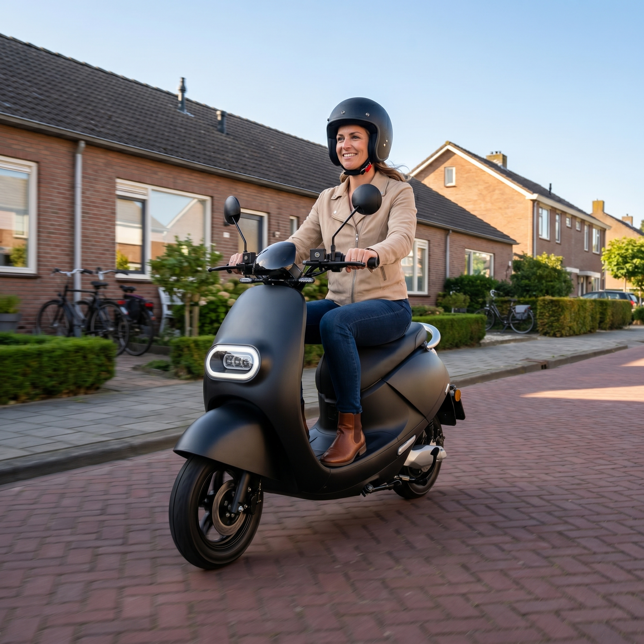 IVA E-GO S3 e-scooter in matzwart, met compacte ontwerp en stuur, geschikt voor stadsvervoer.