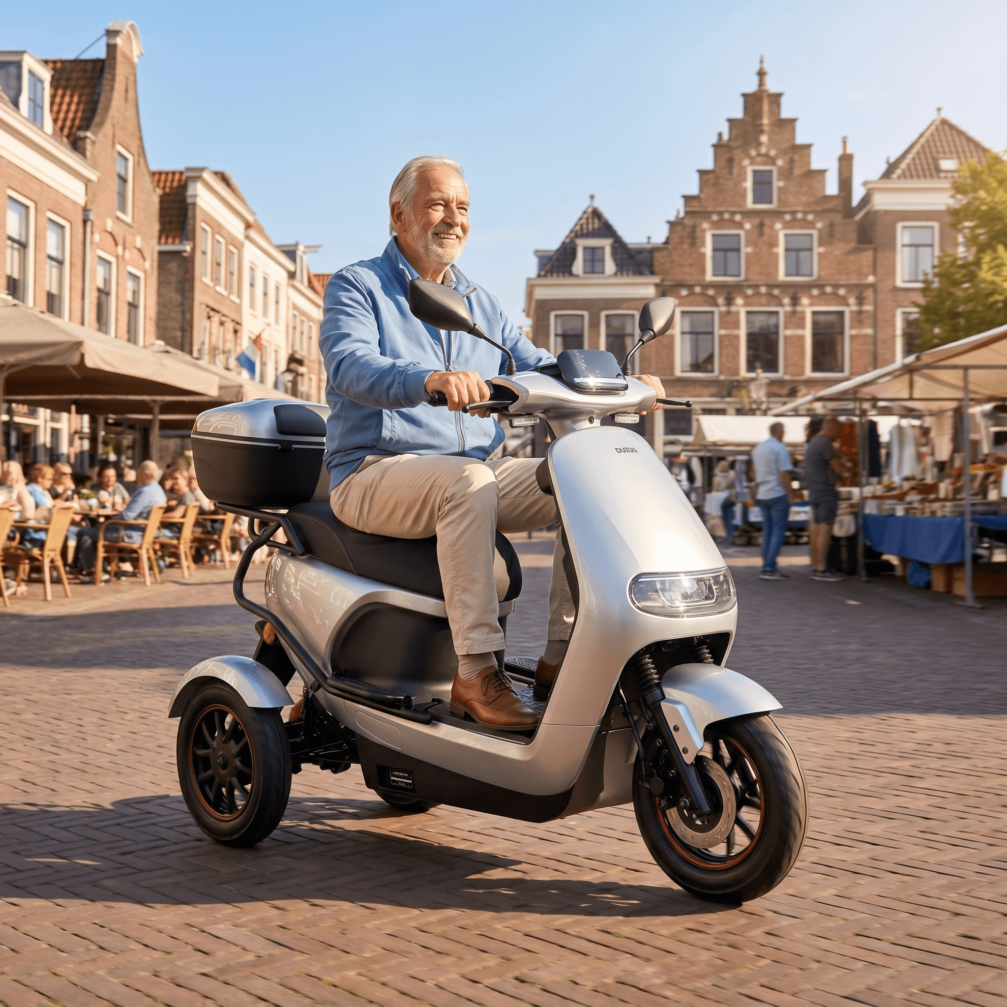 IVA TR3 2.0 zilveren scootmobiel met comfortabele zit en stuur, geschikt voor mobiliteitsondersteuning.