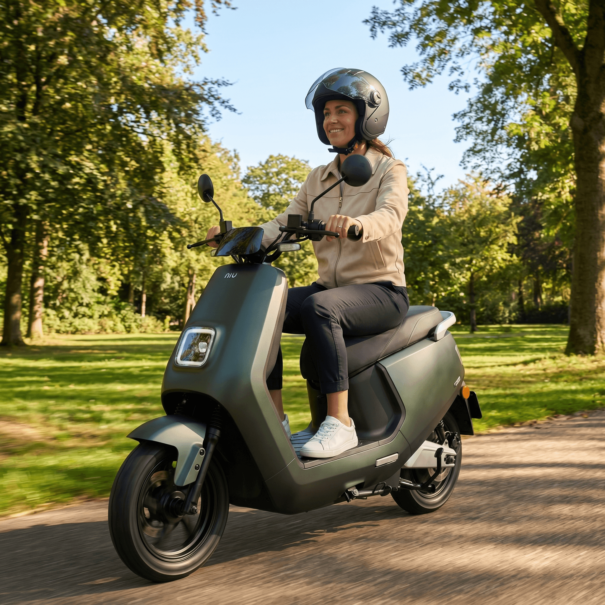 IVA E-GO S8 elektrische scooter in matgroen, compact en modern design, geschikt voor stadsvervoer.