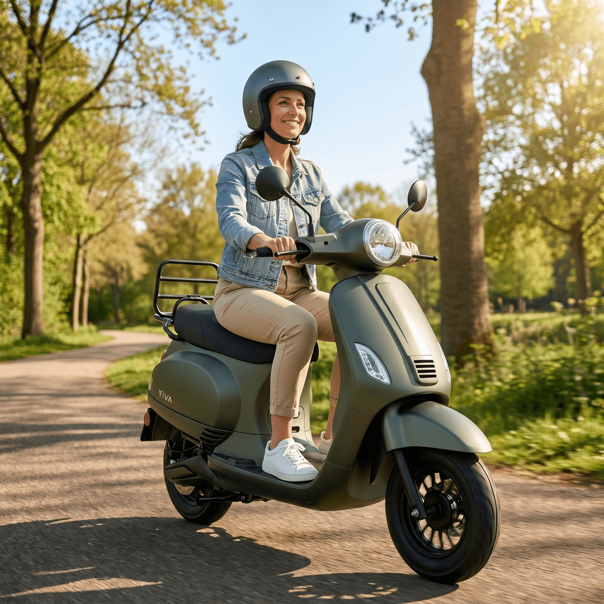 IVA Lux Electric 2.0 e-scooter in matgroen, met moderne ontwerp en compacte uitstraling, geschikt voor stadsgebruik.