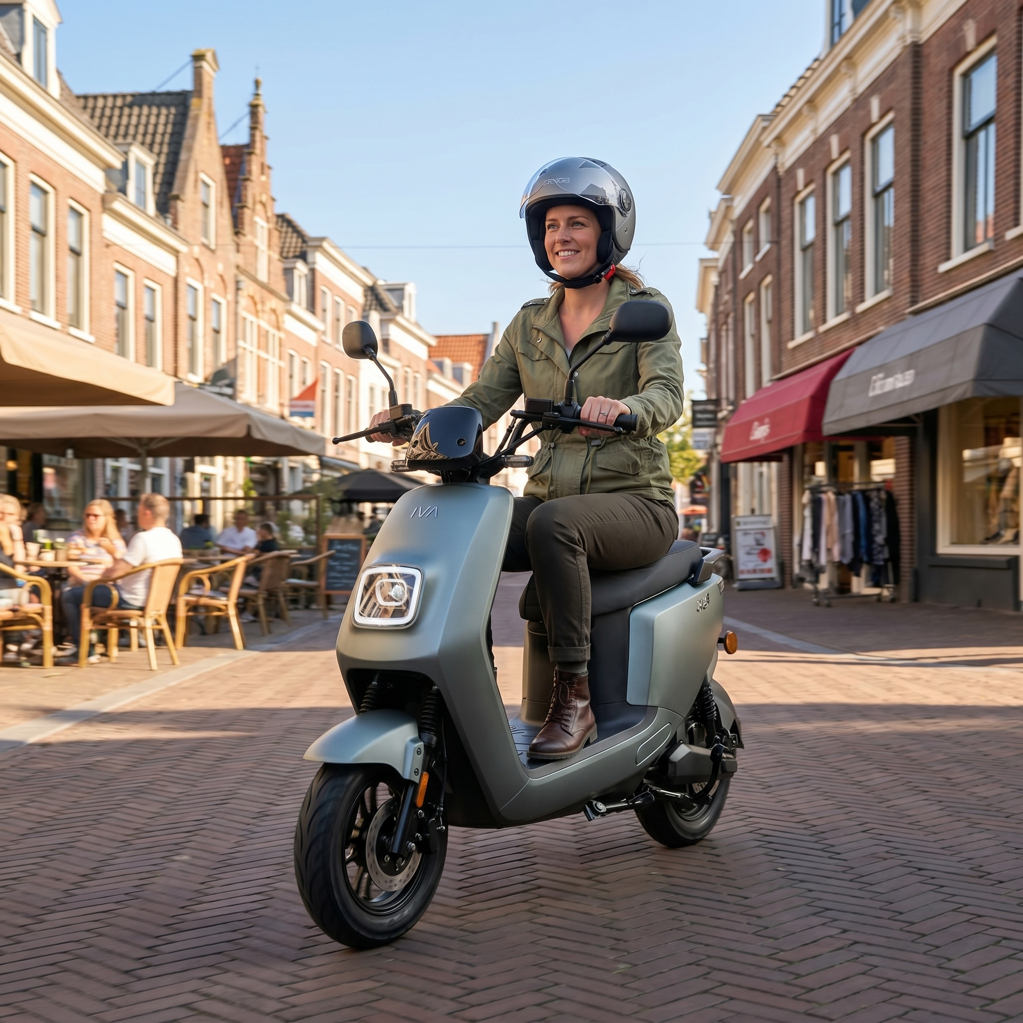 IVA E-GO S4 2.0 e-scooter in matgroen, close-up van het ontwerp en de wielen, voor stadsvervoer en mobiliteit.
