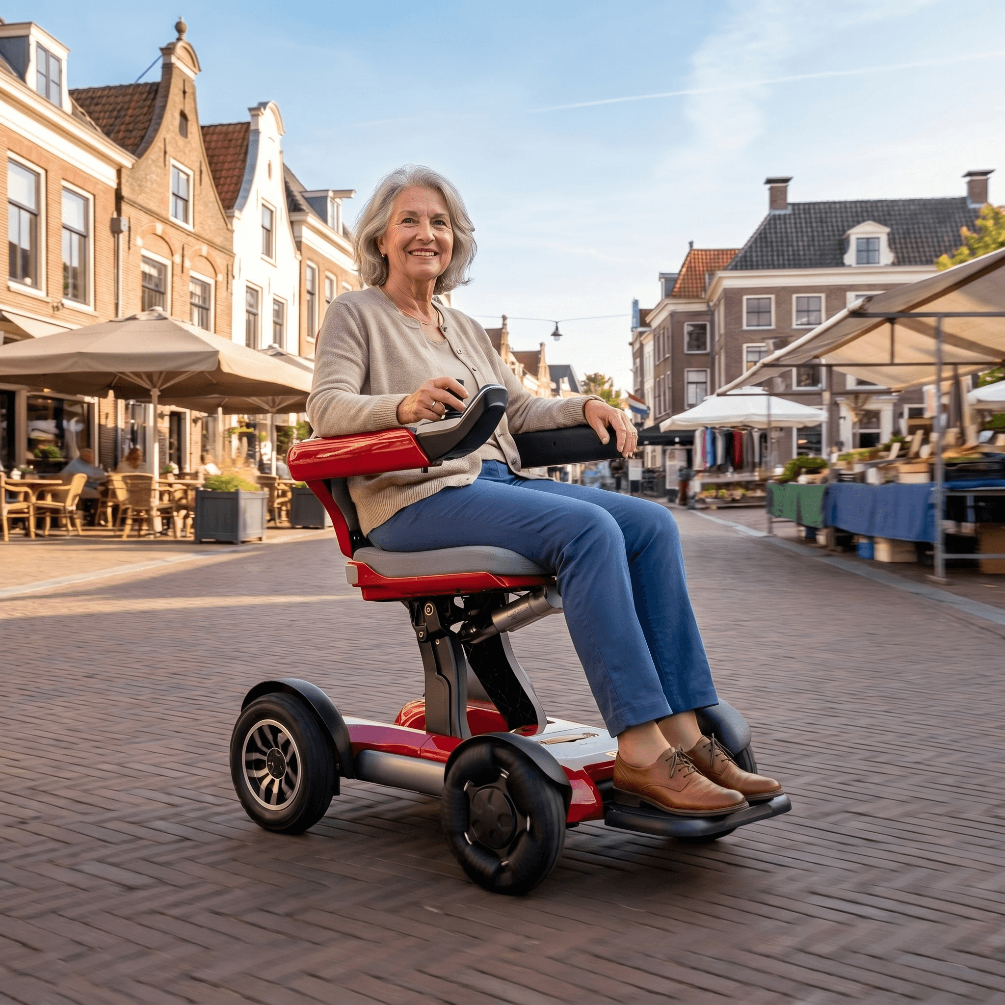 IVA Robooter X40 rolstoel in rood met metalen frame en wielen, geschikt voor mobiliteitsondersteuning.