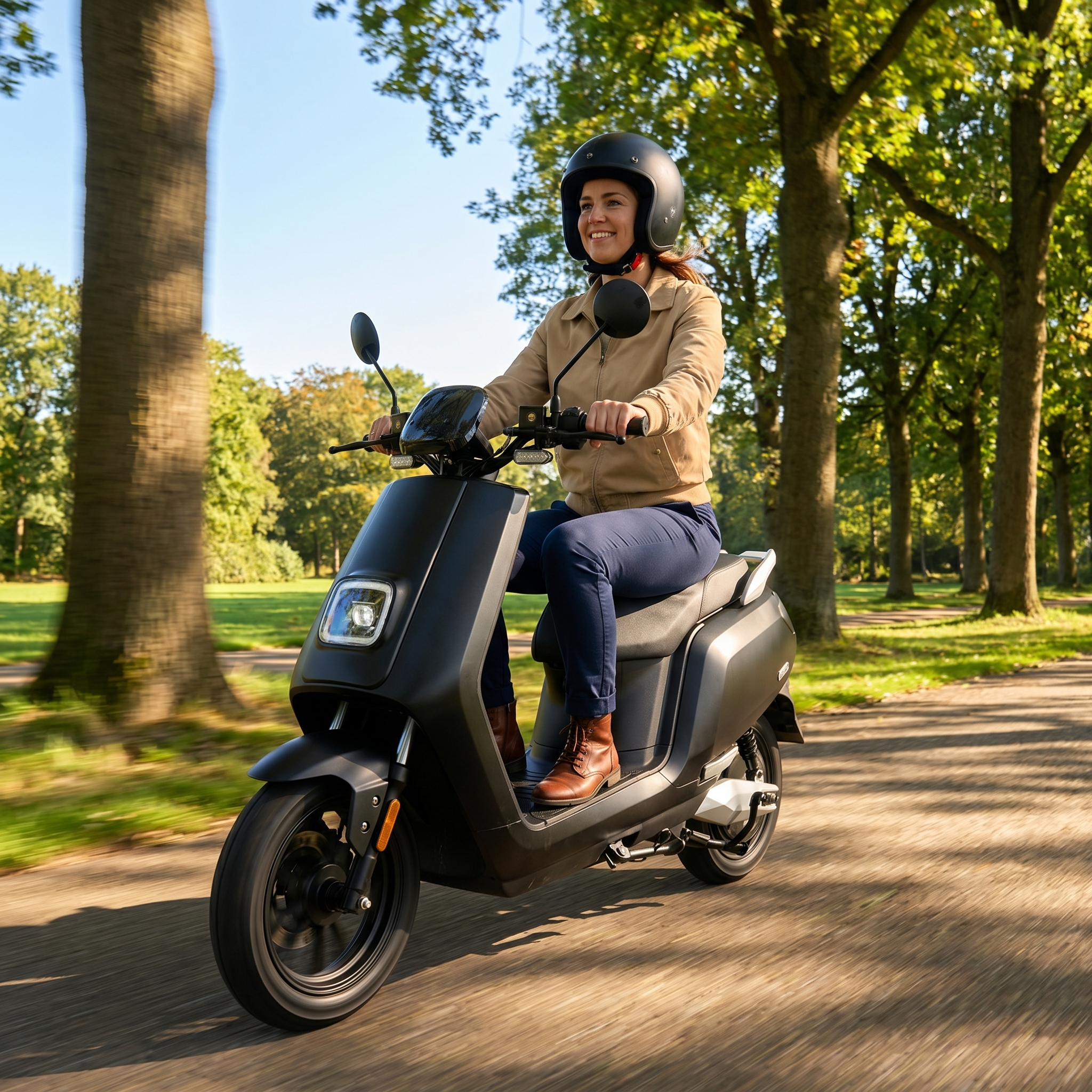 IVA E-GO S5 e-scooter in matgroen met zwarte handvatten en wielen, klaar voor gebruik in stedelijk verkeer