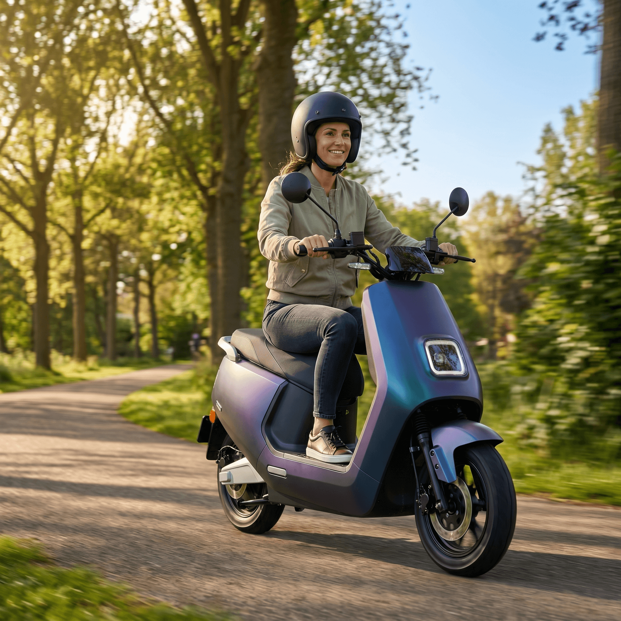IVA E-GO S8 Kameleon elektrische scooter met opvallende groene en zwarte kleuren, klaar voor stadsritten en milieuvriendelijk vervoer.