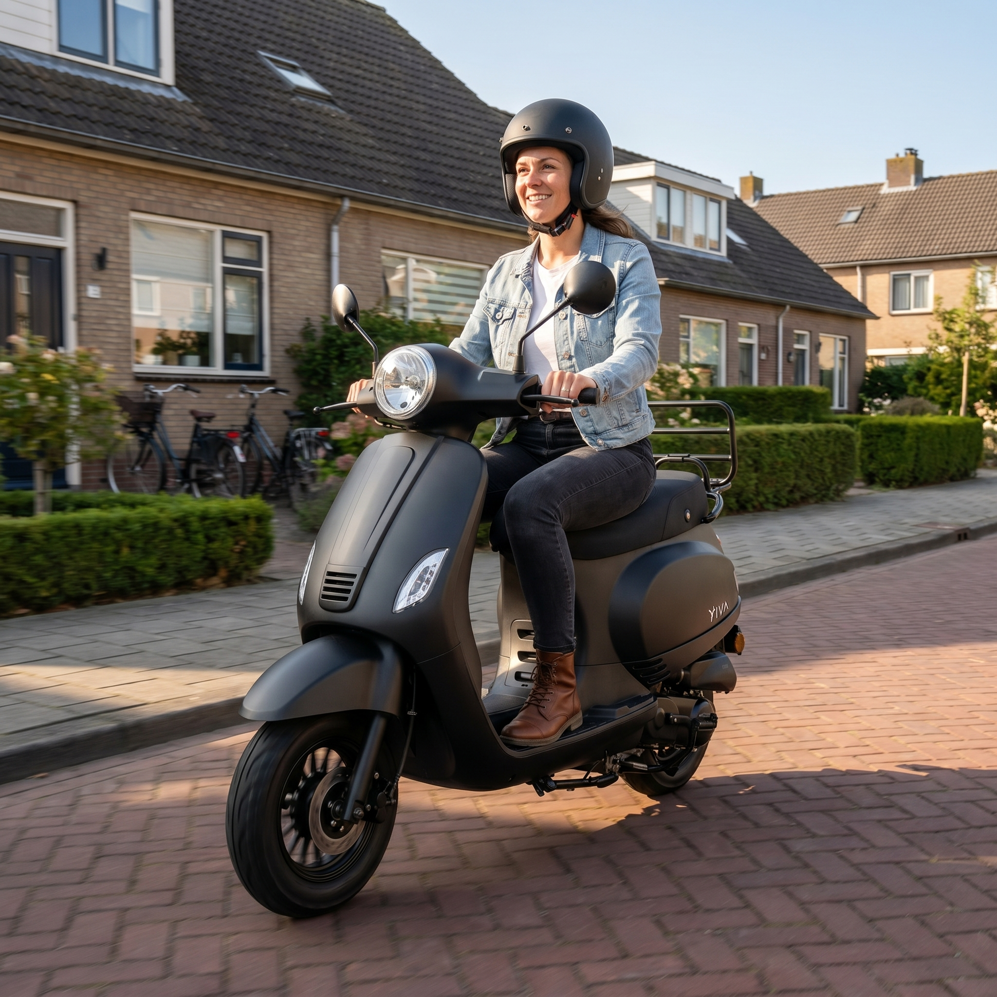 IVA Lux Electric 2.0 E-scooter in matzwart met handvatten en display, klaar voor gebruik op de weg.