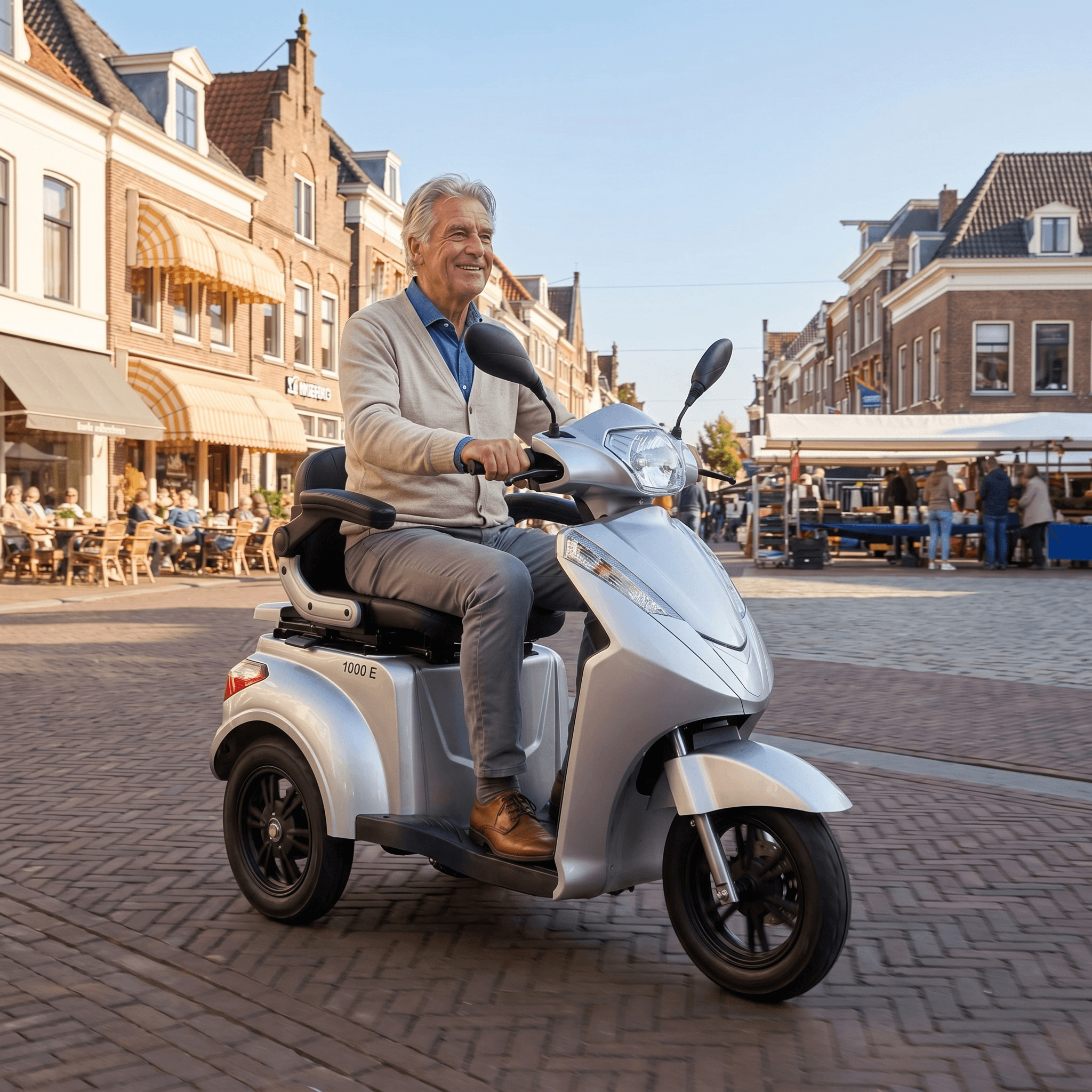 IVA E1000 zilveren scootmobiel met comfortabele zitting en stuur, ontworpen voor gemakkelijke mobiliteit.