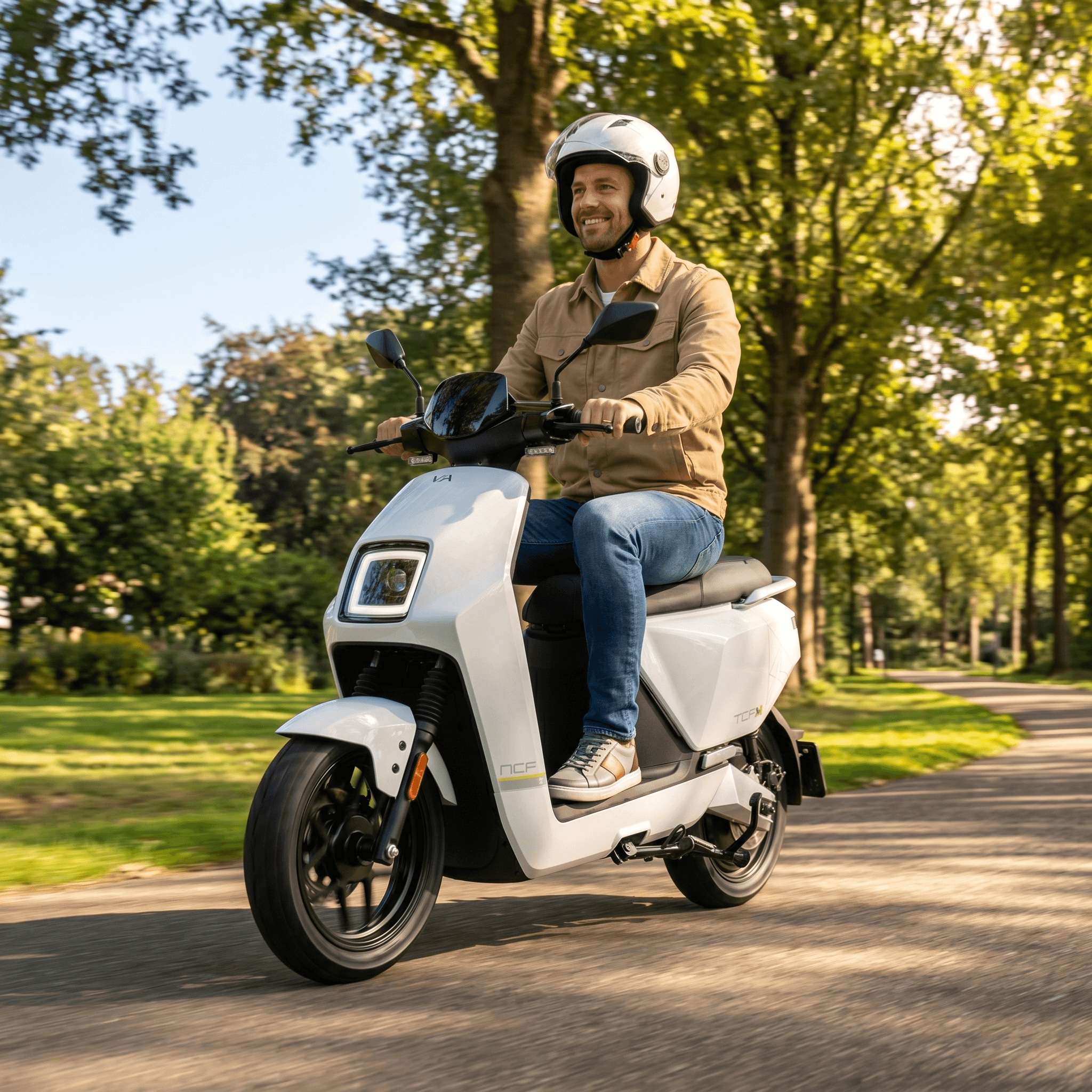 IVA NCF Wit e-scooter met wit frame en handvatten, zichtbaar op een heldere achtergrond.