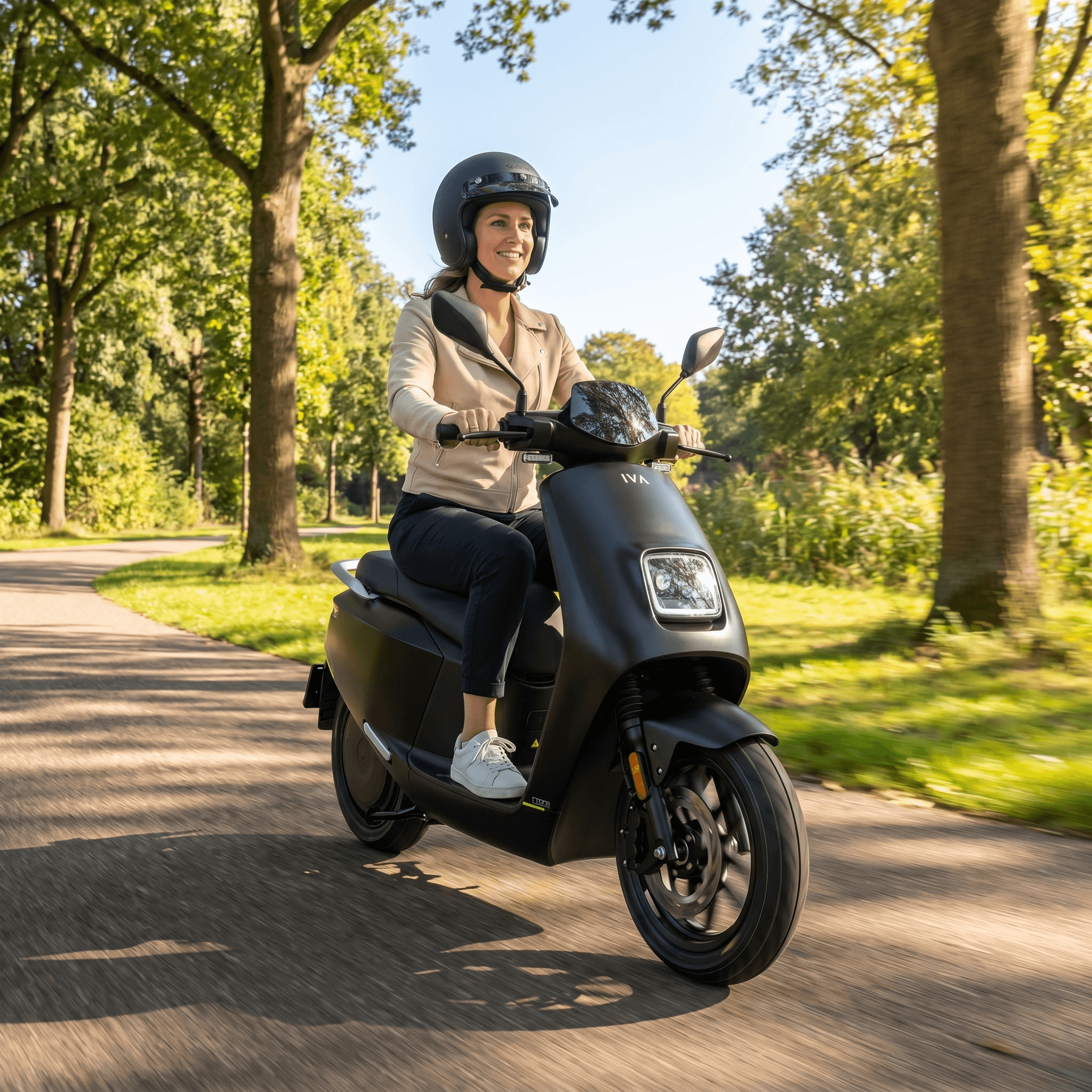 IVA NCE Pro E-scooter in matzwart, recht en modern ontwerp met handvatten en wielen zichtbaar op de afbeelding