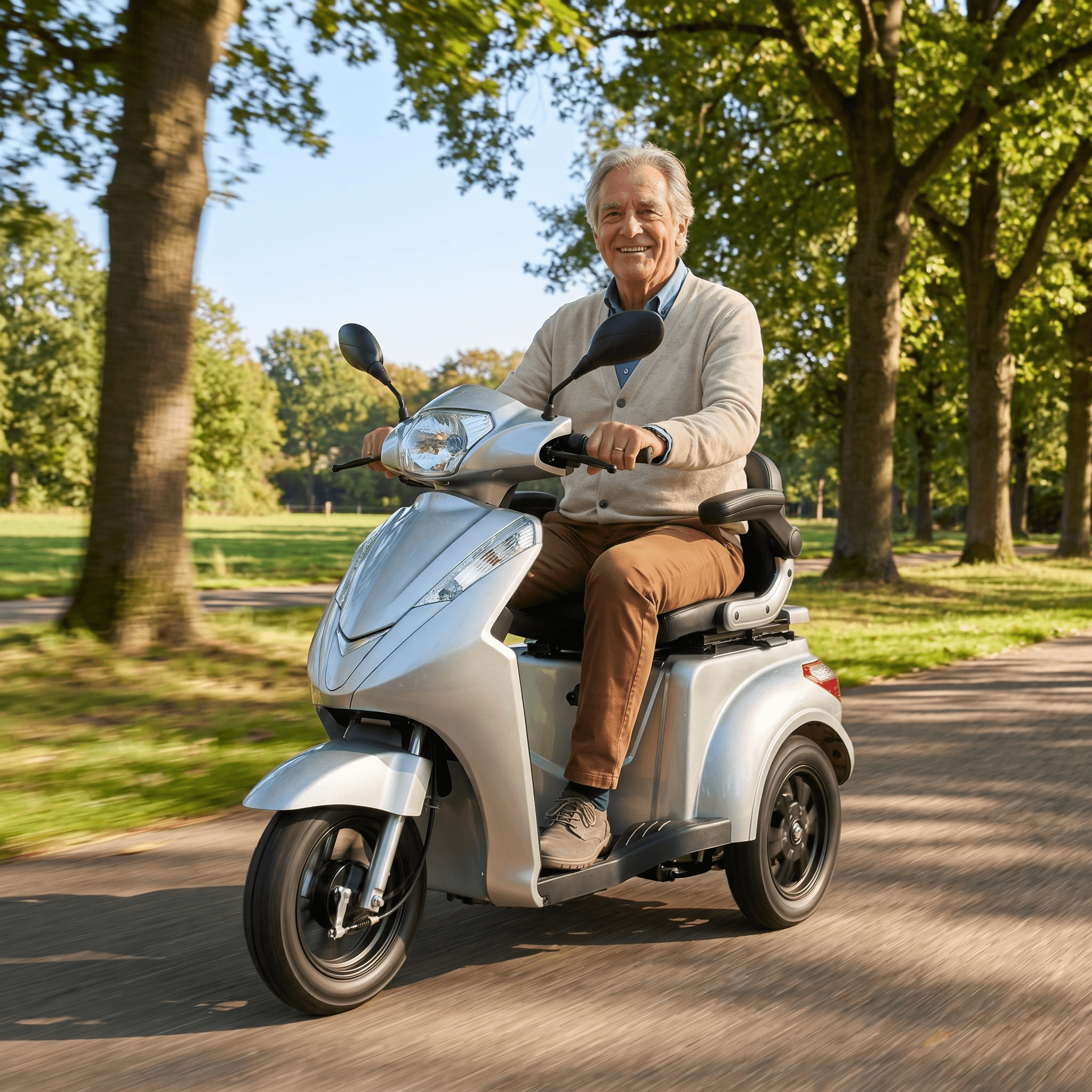 IVA E1000 zilveren scootmobiel met comfortabele zitting en stuur, ontworpen voor gemakkelijk vervoer en mobiliteit.