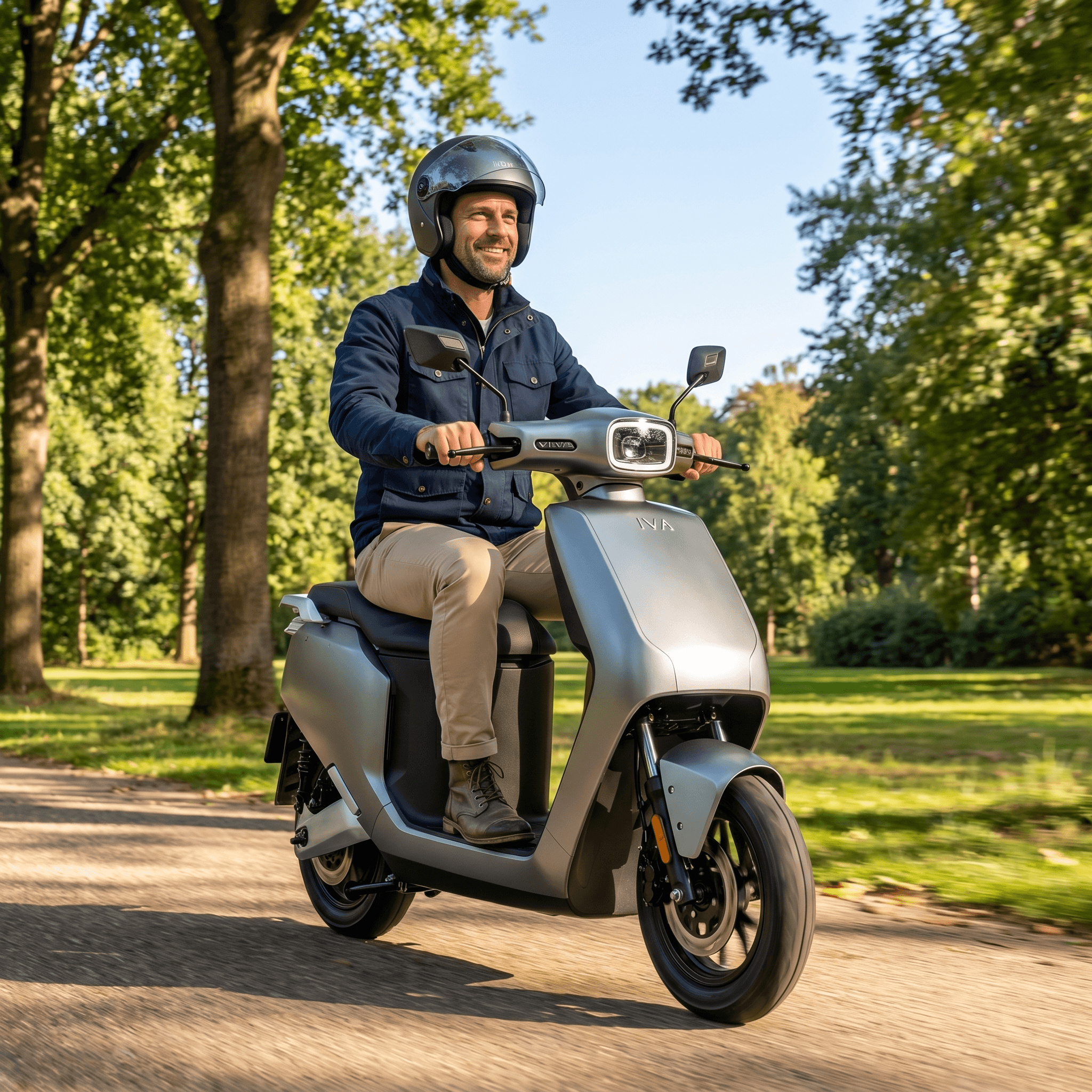 IVA NCS Matgrijze E-scooter van IVA, close-up van het matte grijze scooterframe en wielen, klaar voor gebruik