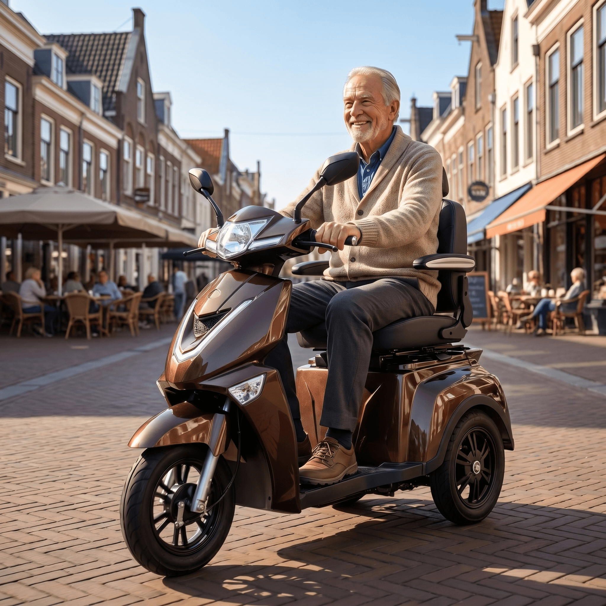IVA Z1000 bruine scootmobiel met comfortabele stoel en stuur, geschikt voor mobiliteitsondersteuning.