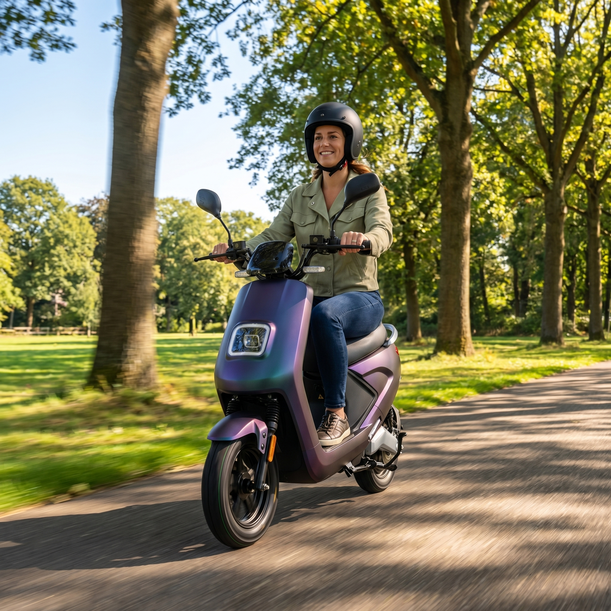 IVA E-GO S4 Kameleon elektrische scooter met zwart en groene details, klaar voor gebruik op de straat