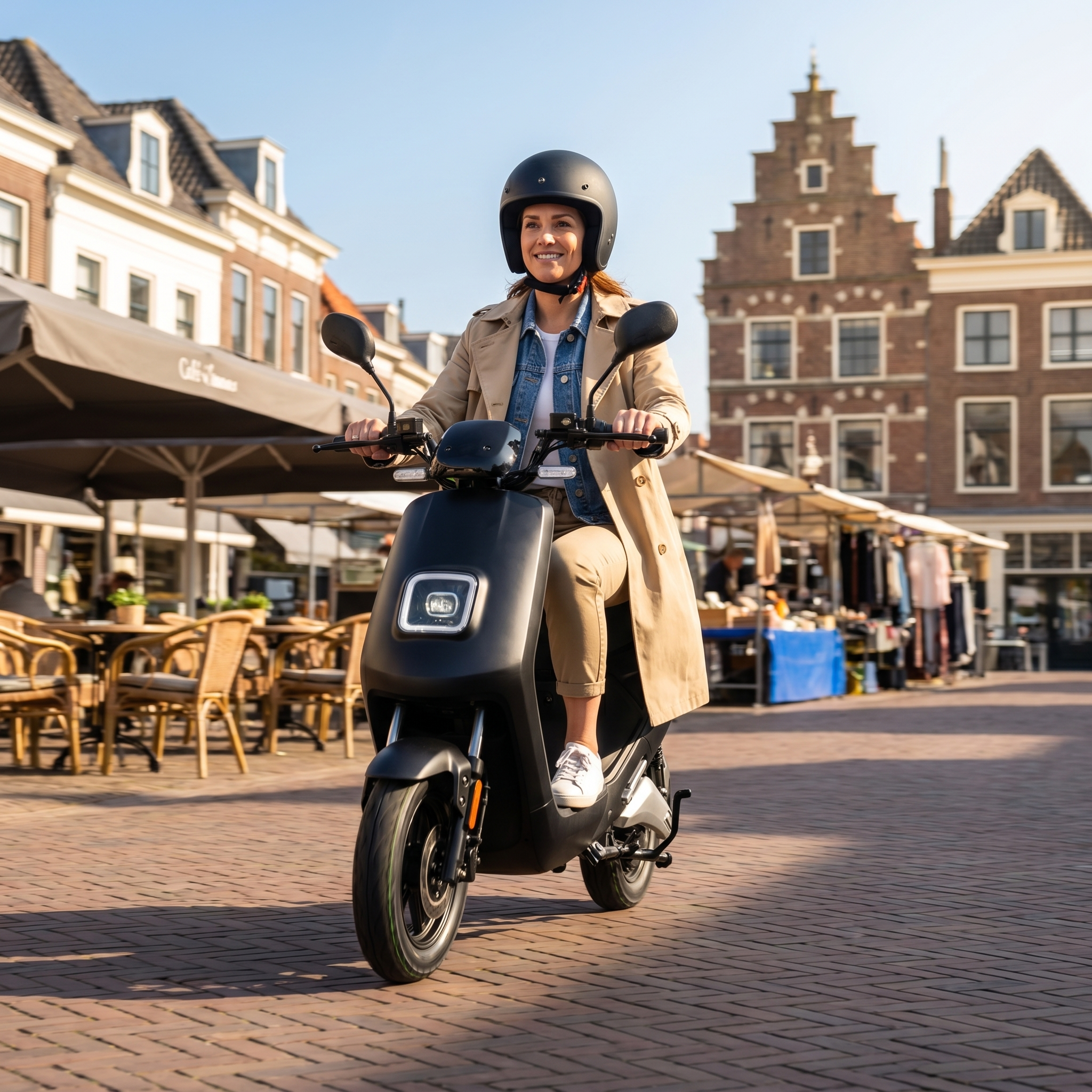 IVA E-GO S4 e-scooter in matzwart met handvatten en wielen, klaar voor gebruik, op een witte achtergrond.