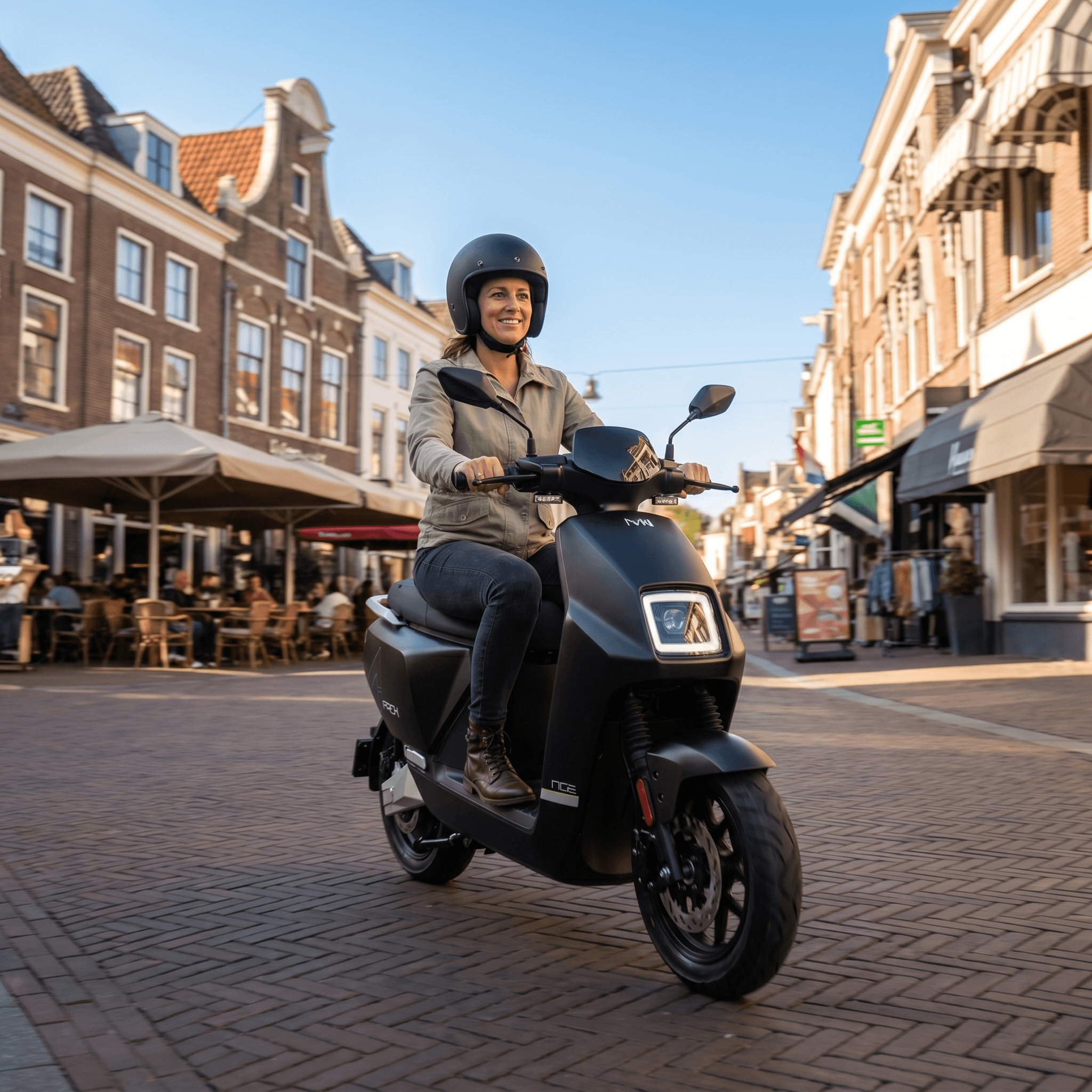 Zwarte IVA NCF e-scooter met compact design en handvat, klaar voor gebruik op straat.