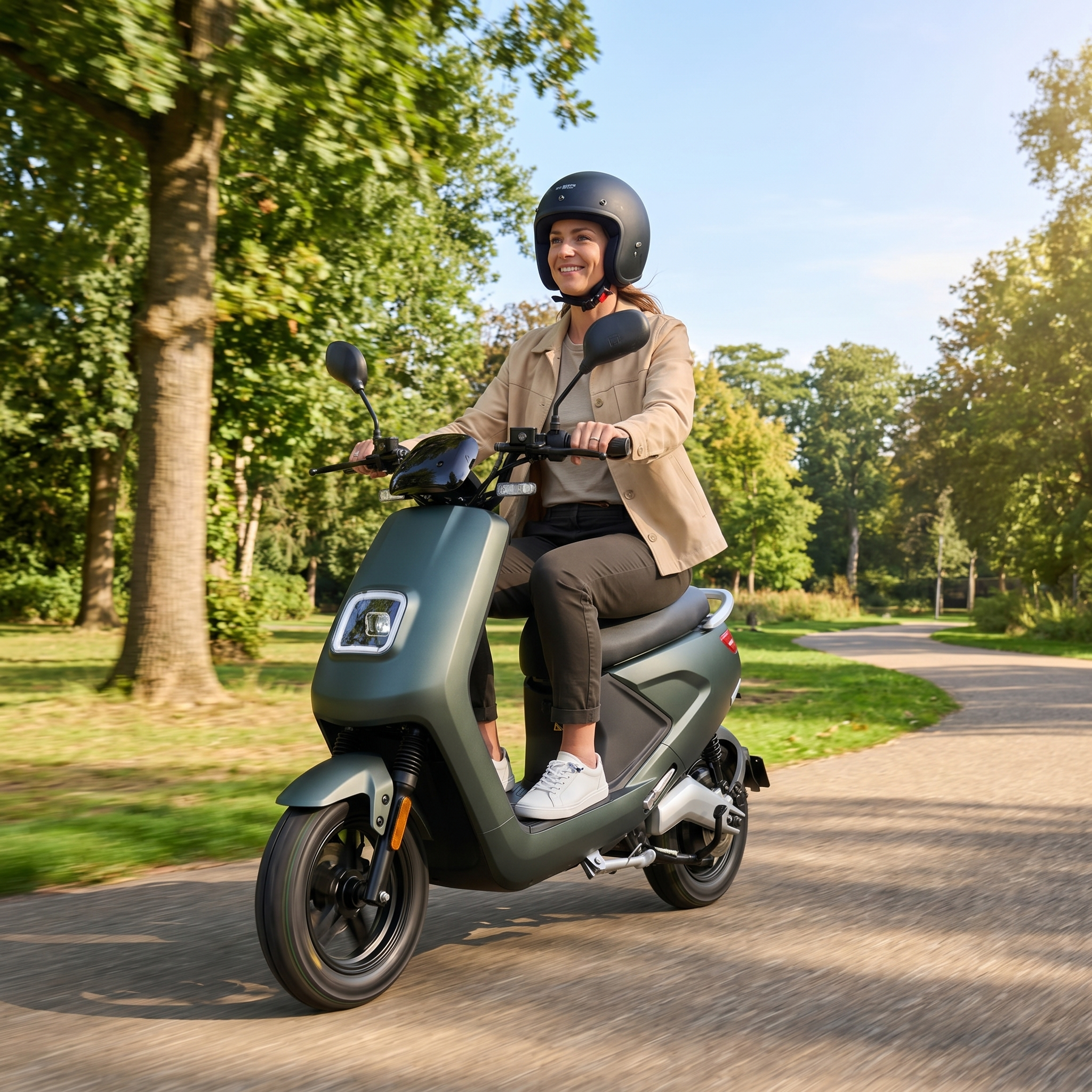 IVA E-GO S4 elektrische scooter in matgroen, zittend op een straat met stadsachtergrond en duidelijk zichtbare wielen en frame