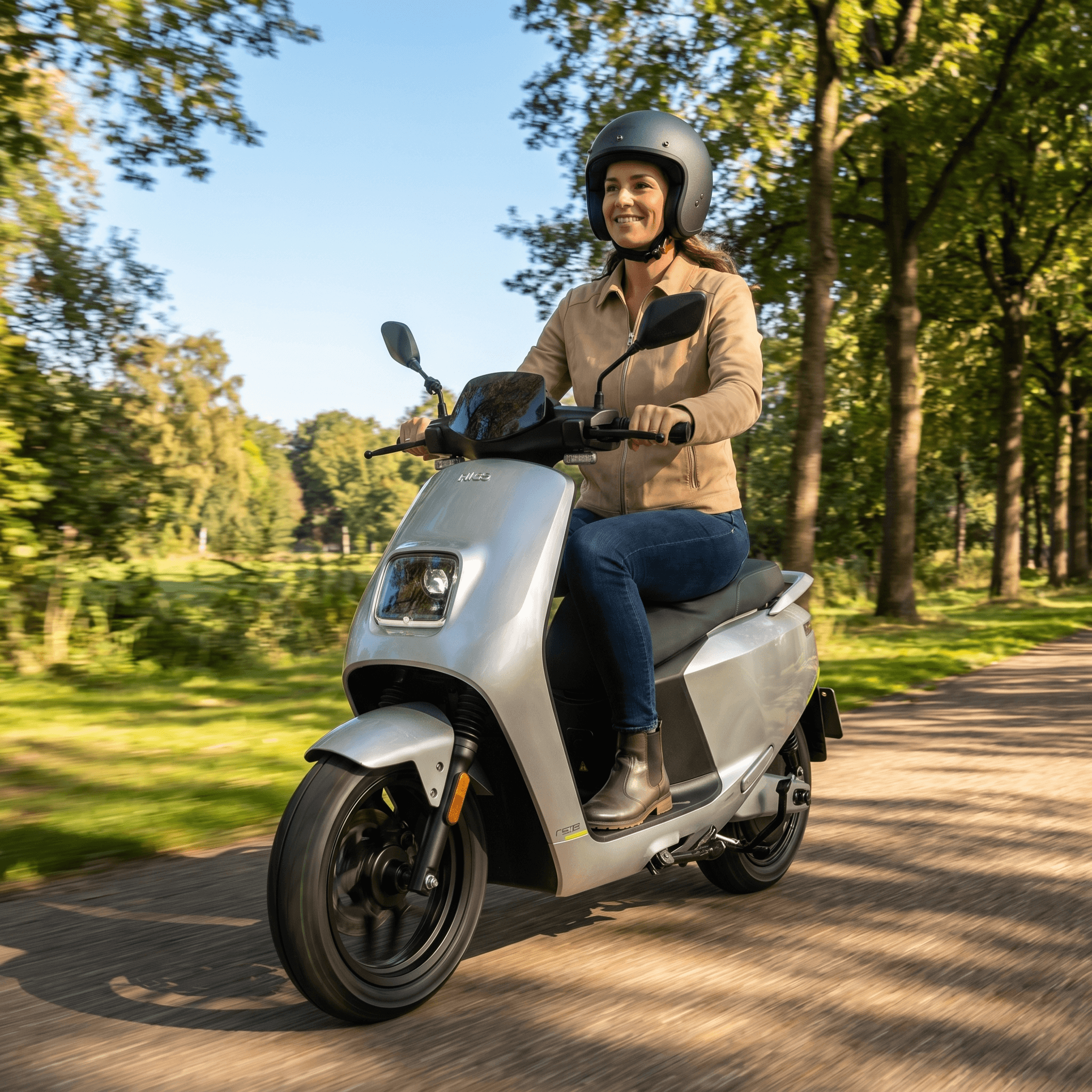 IVA NCE Pro zilveren e-scooter met modern ontwerp, inclusief handvatten en wielen, geschikt voor stadsvervoer.