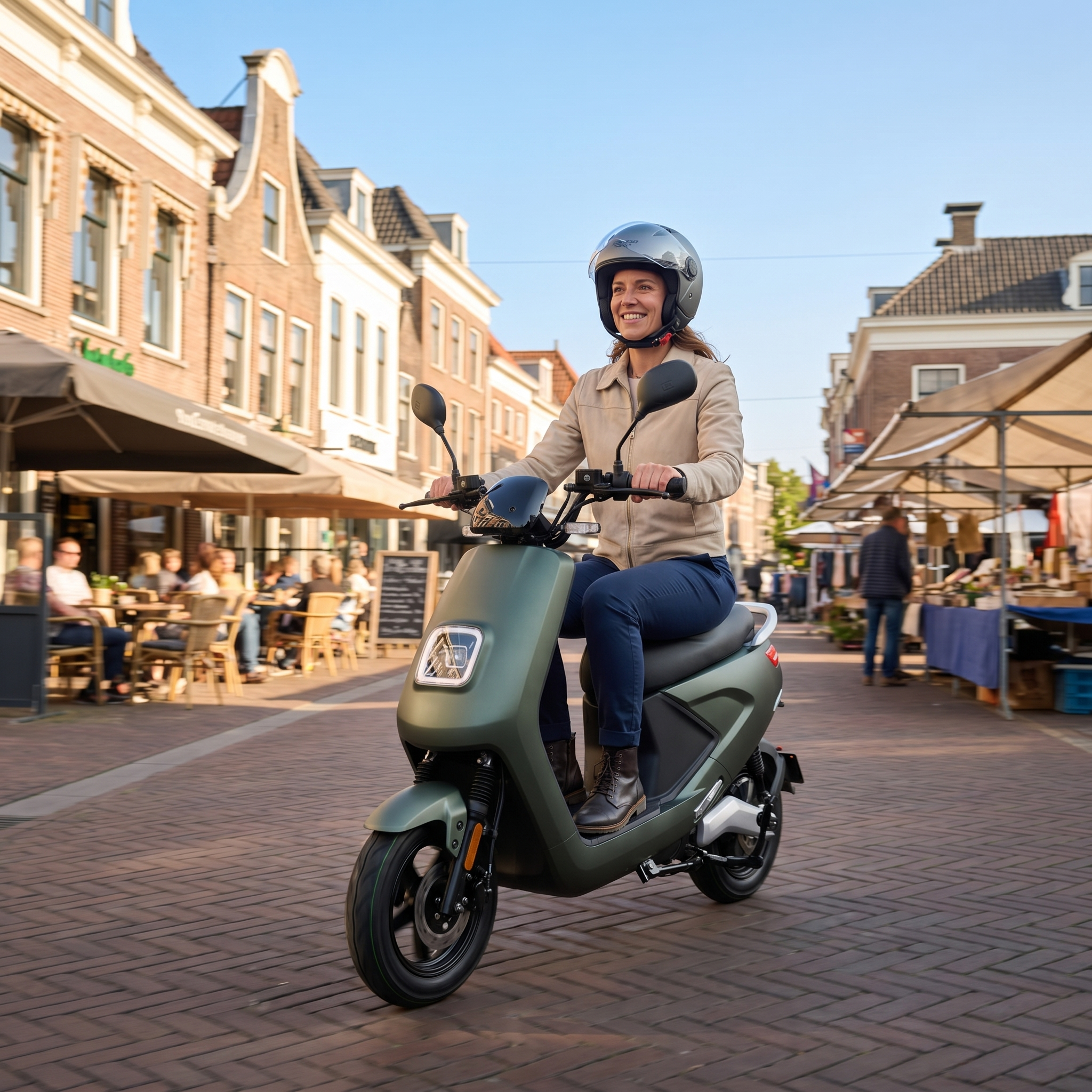 IVA E-GO S4 e-scooter in matgroen met handvatten en display, klaar voor gebruik.