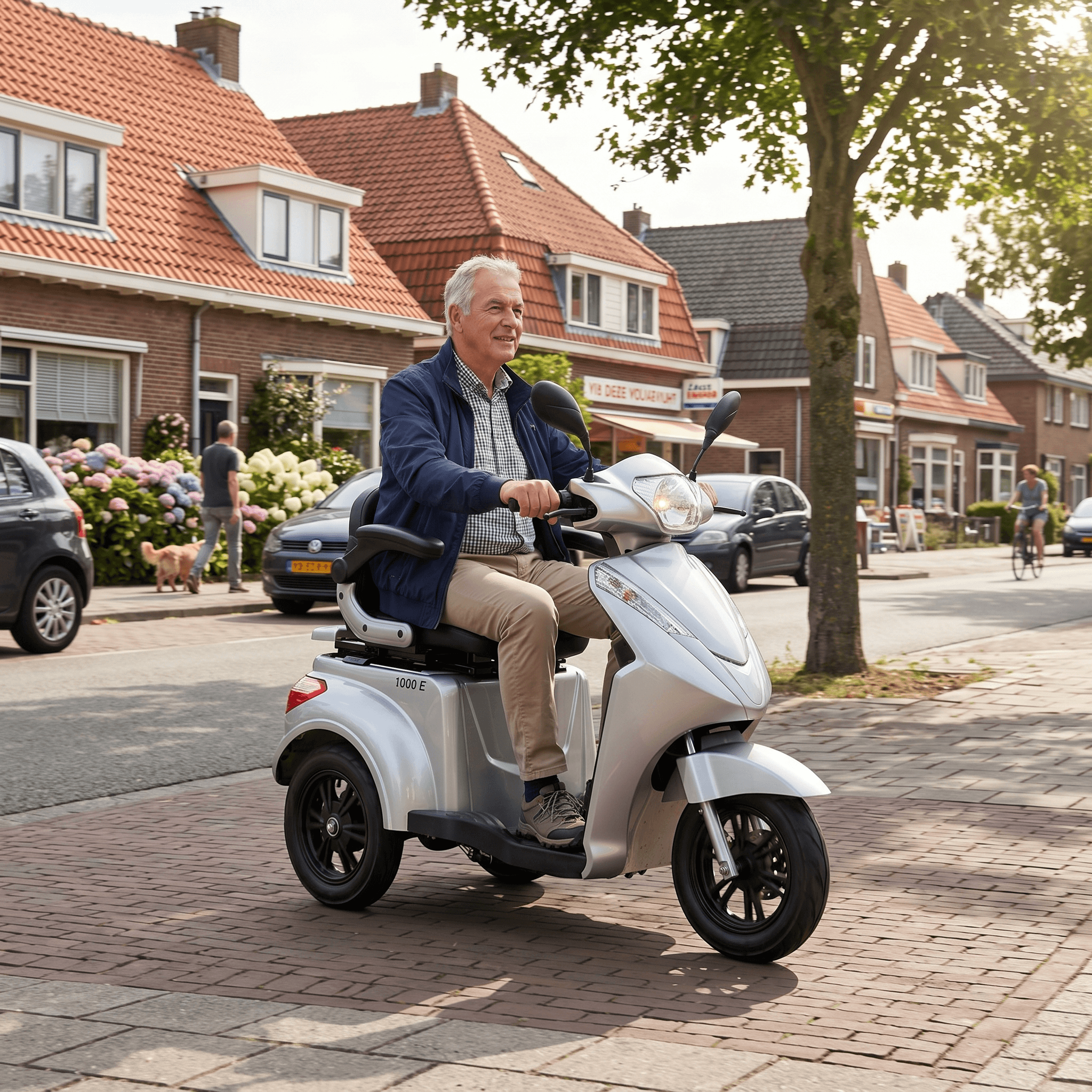 IVA E1000 zilveren scootmobiel met comfortabele stoel en stuur, ideaal voor mobiliteit en gebruik binnen en buiten.