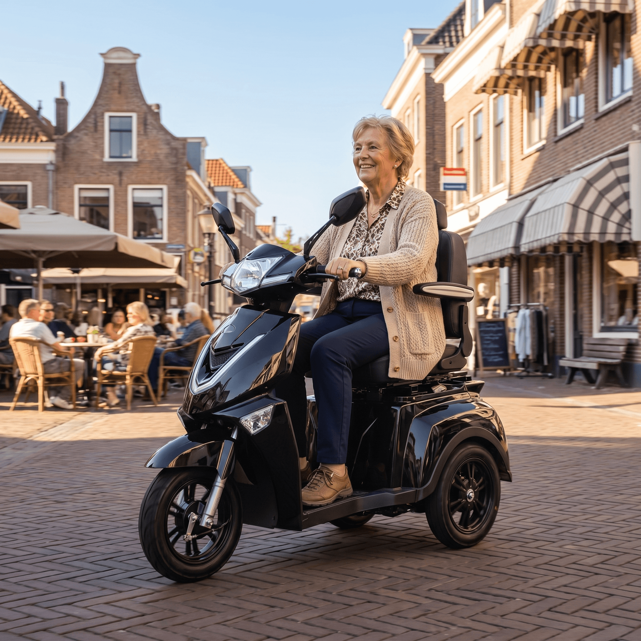 IVA Z1000 zwart scootmobiel met comfortabele zitting en stuur, geschikt voor mobiliteitshulpverlening.