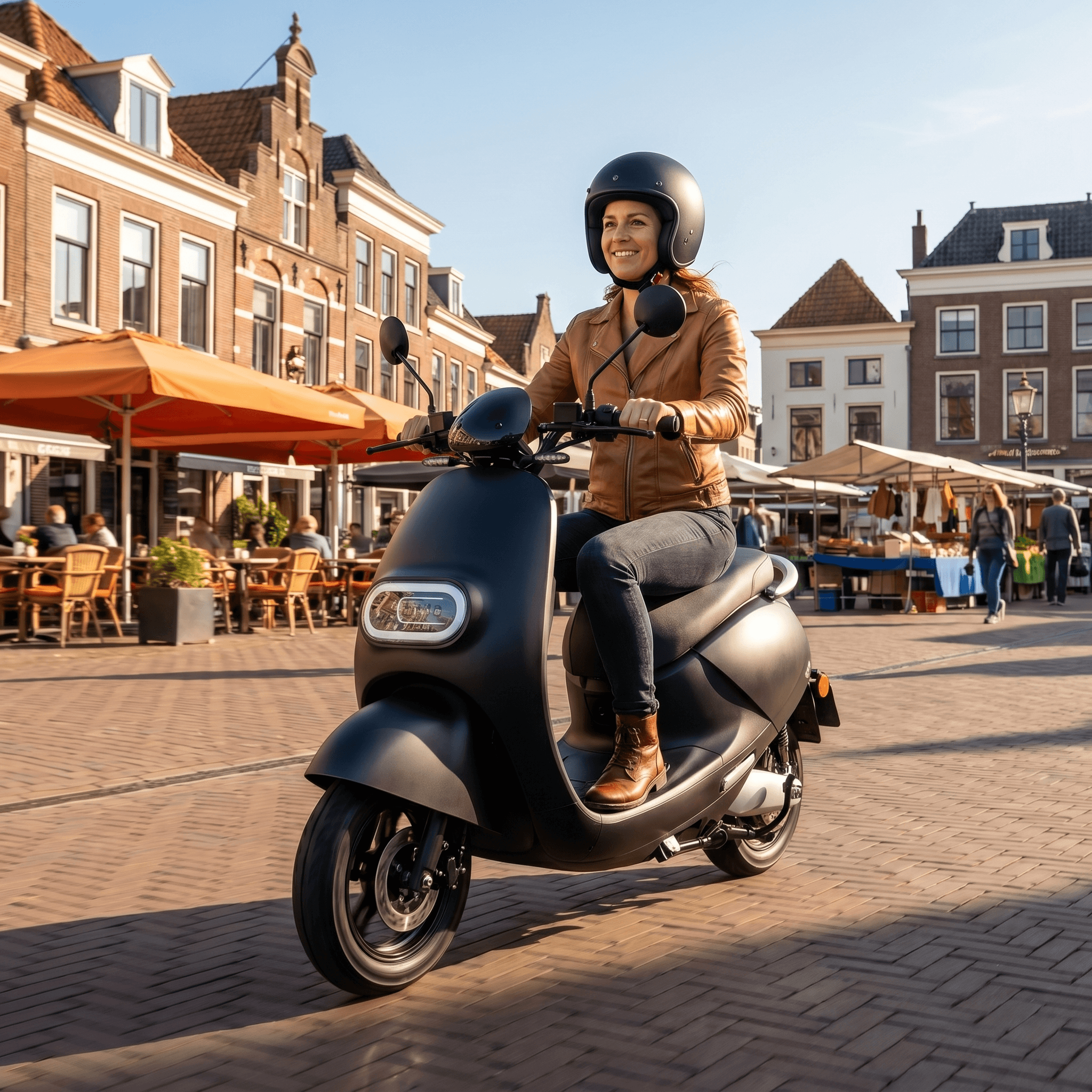 IVA E-GO S3 e-scooter in matzwart met handvat en wieltjes op een vlakke ondergrond, klaar voor gebruik.