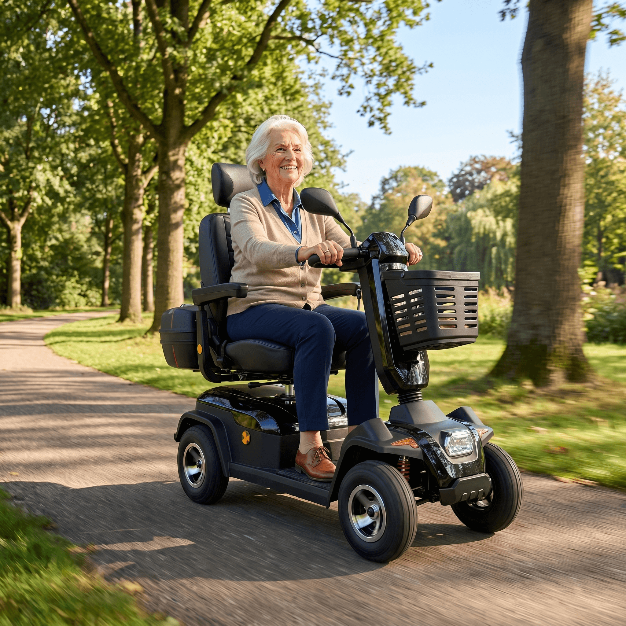 IVA Rider 700 Zwart scootmobiel met comfortabele stoel en stuur, geschikt voor binnen en buiten gebruik.