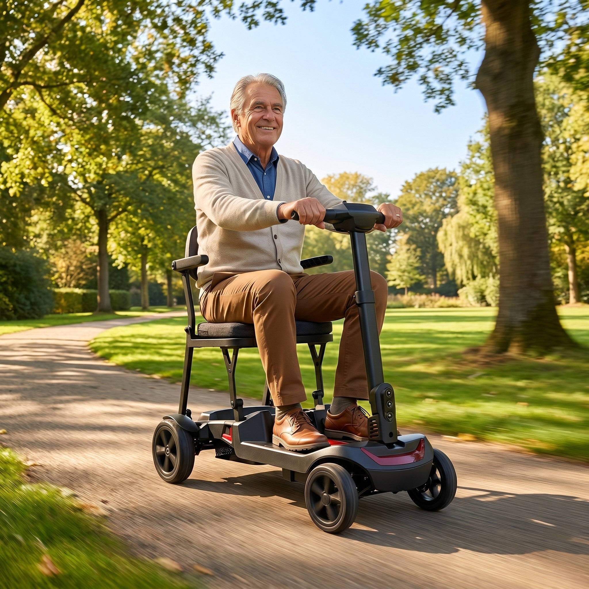 IVA Traveler 500 Superlight, zicht op de zitting en het stuur van de opvouwbare scootmobiel